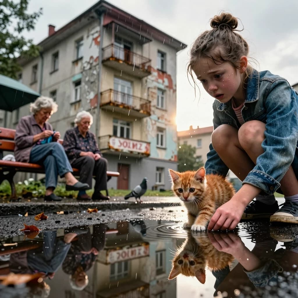 Photorealistic cinematic shot, 8K, Octane render, wide-angle 24 mm lens, low-angle shot from the wet asphalt. In the foreground, a shallow puddle perfectly reflects the towering old apartment building — but the reflection shows the building in its «young» glory: bright paint, intact cornices, clean windows. The real building above is weathered: peeling paint, rusty balconies, cracked stucco, faded signage.
A teenage girl in a worn denim jacket stands at the edge of the puddle, crouched slightly, her face in a close-up: wide eyes, parted lips, a mix of wonder and sadness as she watches the two realities coexist. Strands of hair escape her messy bun; a few raindrops glisten on her eyelashes.
Right beside her hand, a tiny fluffy ginger kitten with big curious eyes is gently touching the water with one paw, as if trying to «touch» the younger version of the building. Its fur is wet at the tips, individual strands visible.
In the background, out of focus but recognisable, older residents sit on a rusted bench under a sagging awning: one woman knits, another looks at the girl, their faces lined with time. A few pigeons scatter as a gust of wind lifts dry leaves.
Lighting: overcast daylight with a single shaft of late sun breaking through the clouds, hitting the girl’s face and the kitten’s fur. Rim light outlines the girl and kitten, separating them from the grey city. Volumetric dust and raindrops float in the air.
Color palette: muted greys and browns for the aged city, faded pastels for the reflection, warm gold for the sunbeam. Mood: nostalgia, quiet awe, the beauty of memory.
Technical: shallow depth of field (razor-sharp girl and kitten, soft bokeh background), hyper-detailed skin texture, wet fabric weave, rust texture on metal, peeling paint layers, perfect mirror reflection with tiny ripples, floating dust motes, subtle lens flare.
