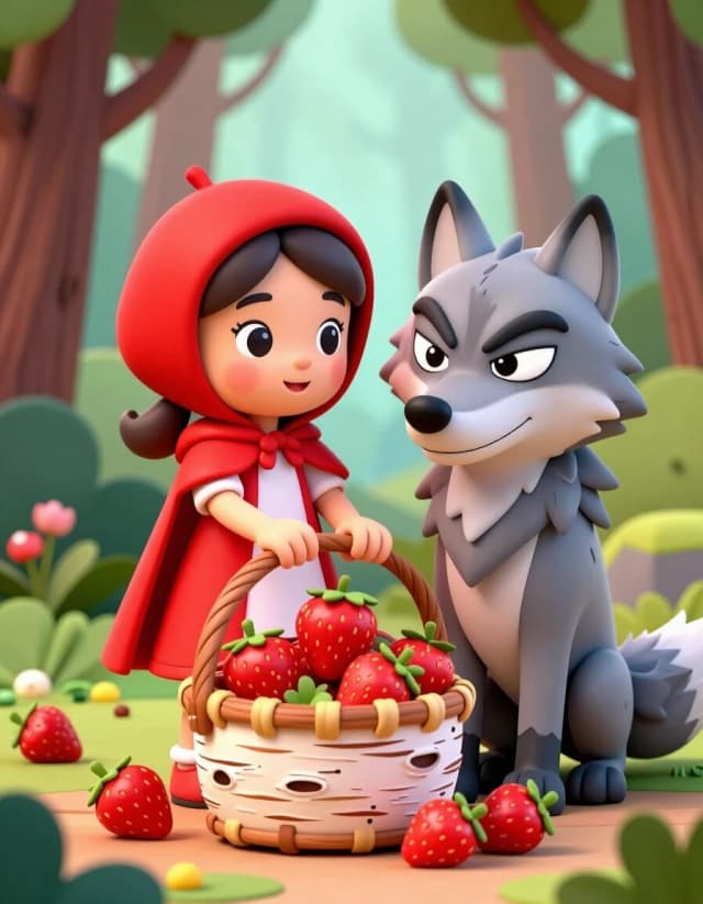 A masterpiece. Create an image. Three-dimensional image: ((Little Red Riding Hood in a red beret):1.6 and (A gray Wolf with sly, sly eyes)1.6 :ripe strawberries are harvested in a birch bark basket in the forest):1.6, clear edges, clear textures, volumetric composition, 3D depth, studio lighting, author's style, 8k resolution. Cartoon style. High detail and clear texture. High quality. Increased attention to small details. The aspect ratio is 3:4.