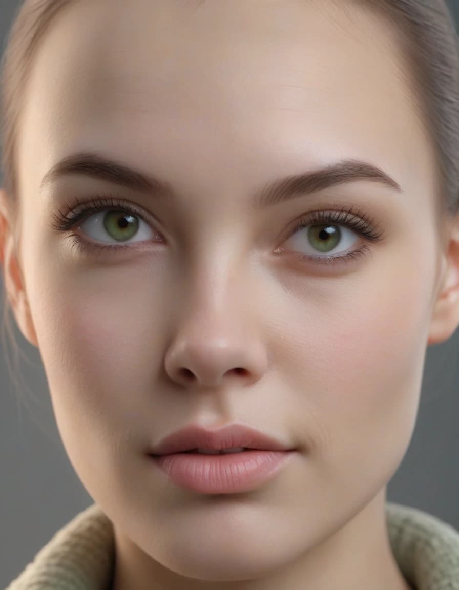 A photorealistic portrait of a beautiful young adult Russian woman, about 22 years old, Eastern European appearance. Aristocratic, elegant, refined, composed, naturally beautiful, completely bald. Oval face, high forehead, graceful cheekbones, balanced jawline, small rounded chin, expressive gray-green eyes, natural light brown eyeb gray seamless background, neutral white balance, realistic skin texture, high detail, calm confident expression, premium editorial portrait photography.rows, natural pink-beige lips, clean healthy skin, subtle facial structure, long-necked elegance, understated luxury, no recognizable resemblance to any specific real person. Minimal natural makeup, soft studio lighting, light