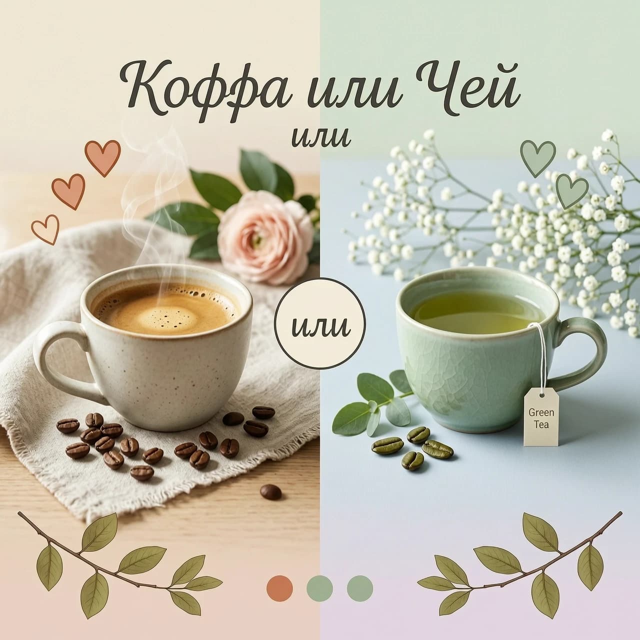Фотореалистичная композиция «Кофе или Чай» в стиле hygge, пастельная палитра, мягкий свет, 8K.
Кадр поделён пополам: слева — красивая кружка с кофе, кофейные зёрна, льняная ткань, на заднем плане размытый цветок с зелёными листьями; справа — чашка с зелёным чаем, чайный пакетик, веточка зелени, на заднем плане размытый цветок гипсофилы.
Текст: вверху курсивом — «Кофе или Чай», ниже - сердечки под кофе и чай, по центру — круг с надписью «или». Внизу — веточками.
Сбалансированная композиция, проработанные текстуры, уютная атмосфера.