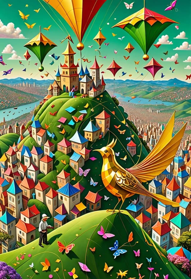 A fantastical master kite maker stands on top of a green hill surrounded by enormous floating creations. He is building an extraordinary golden bird-shaped kite decorated with delicate patterns and shimmering ribbons. Hundreds of tiny kites resembling butterflies, fish, birds and stars fill the sky around him. Below the hill lies a magical town with towers, gardens and colorful rooftops. The sky glows with golden-pink sunset light. Enchanting atmosphere, wonder, freedom and dreams coming true. Fantasy realism, incredible detail, grand scale, vertical composition.