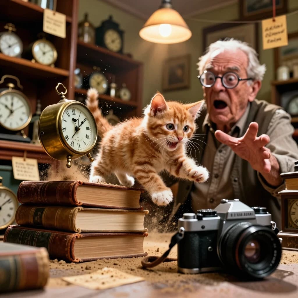 Extreme low-angle, wide-shot macro photography in a dusty, sun-drenched vintage curiosity shop. The camera is placed almost on the floor, creating a dramatic sense of scale. A tiny, impossibly fluffy ginger kitten has just leaped onto a precarious stack of antique leather-bound books and old clocks. The moment captured is the peak of the action: the stack is tilting, and a beautiful, ornate brass clock is sliding off, about to crash.
The kitten’s face is a masterpiece of chaotic joy—eyes wide with excitement, paws outstretched, whiskers twitching. In the background, the shop owner, an elderly man with a warm, wrinkled face and round spectacles, is frozen in a state of comical shock, his mouth open and hands reaching out in a desperate, futile attempt to save the clock. His expression is a mix of horror and love for the pet.
The background is a blur of warm, mahogany shelves, hand-written price tags on yellowed paper, and flickering vintage lamps. Dust motes dance in the golden light beams. The depth of field is shallow, making the kitten and the falling clock pop with incredible 3D volume. Hyper-realistic textures: the softness of the kitten's fur, the cold metallic sheen of the brass, and the rough grain of the old wood.
Keywords: extreme low angle, dynamic action, fluffy kitten chaos, comical shock, vintage curiosity shop, hyper-realistic textures, volumetric golden light, cinematic depth of field, 8k resolution.