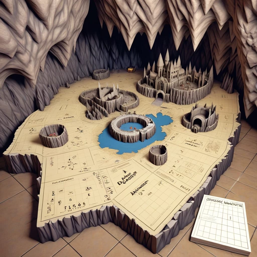prompt: Dungeons and Dragons (здесь пишем любое другое название, например Hogwarts) map, 3D map, orthographic, the dragons cave adventure, black grid paper, fantasy cave map, module map for dungeon master, mega cave map, cave interior map, map of cave, room numbers 4