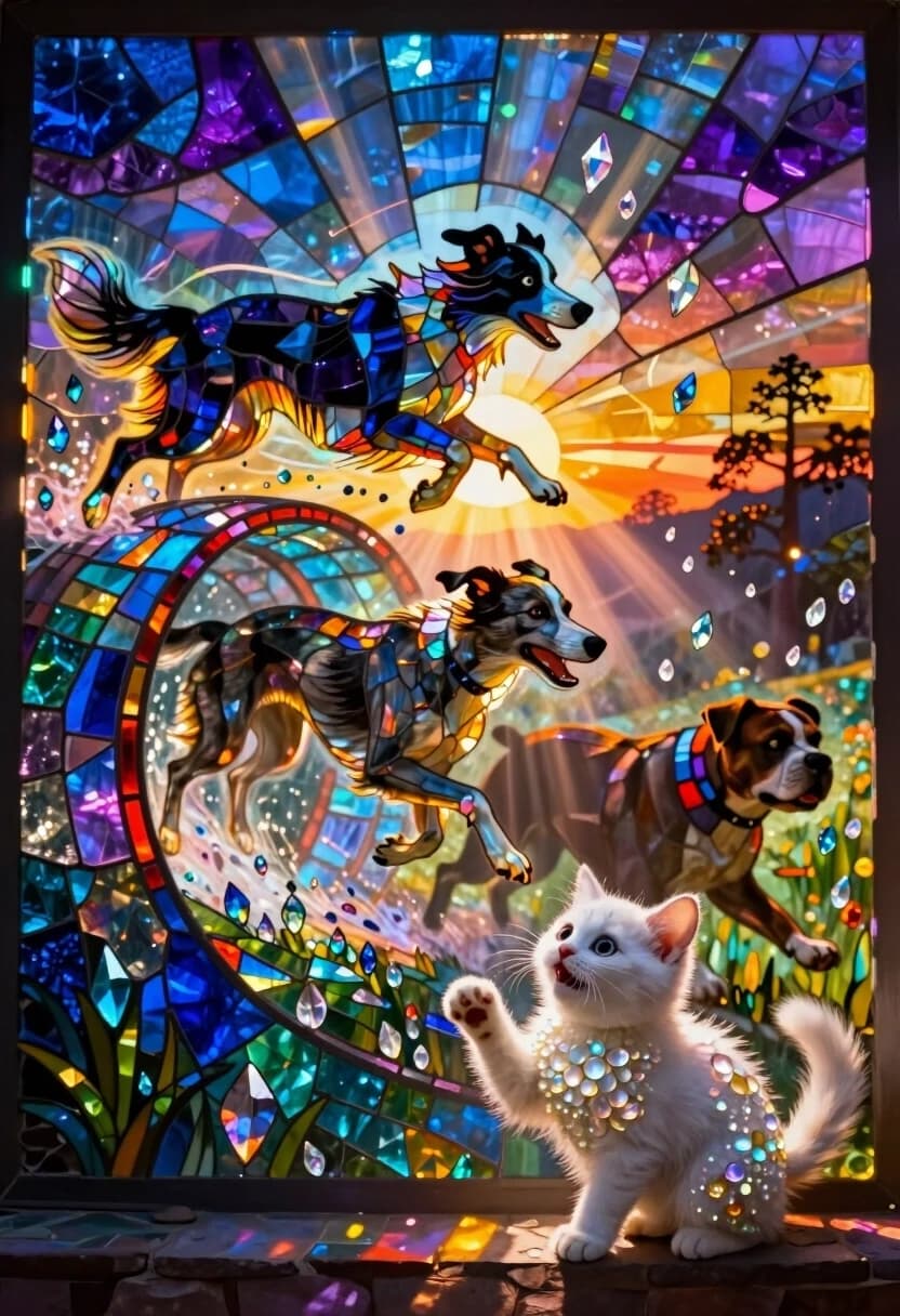 Surreal luminous stained glass mosaic mural, every element composed of countless tiny iridescent crystal shards and colored glass tesserae. A high-energy dog race across a fantastical obstacle course: a border collie leaps over a glowing archway made of prismatic glass; a greyhound sprints through a tunnel of swirling light; a bulldog barrels through a cascade of floating crystal droplets. The dogs’ muscles and fur are rendered as flowing layers of glass fragments that catch and refract the light, creating streaks of motion.
In the foreground, a tiny fluffy white kitten sits on a low stone ledge, wide-eyed and cheering with tiny paws raised. Its fur is a mosaic of opalescent and pearl-white shards, glowing with inner radiance. The kitten’s expression is pure excitement — it’s the most invested spectator.
The background is a layered mosaic sky: deep violets and blues fading into sunset golds and pinks. Volumetric beams of light pierce through the gaps between the glass elements, illuminating the dogs mid-leap and turning their silhouettes into glowing outlines. Floating glass motes drift in the air like confetti, catching the light in prismatic flashes.
Color palette: vibrant magentas, electric blues, deep purples, and warm ambers; iridescent highlights on every shard. Mood: frenzied energy, joyful competition, pure motion.
Technical: luminous stained glass mosaic style, iridescent crystal shards, prismatic light reflections, ethereal glow, intricate glass tesserae, volumetric soft lighting with fast drop-off, strong chiaroscuro, hard silhouette edges for the dogs, motion blur on the dogs’ limbs rendered as streaks of colored glass, glowing floating particles with bloom effect, subsurface scattering on translucent fragments, heavy atmospheric haze to separate the planes and enhance depth.