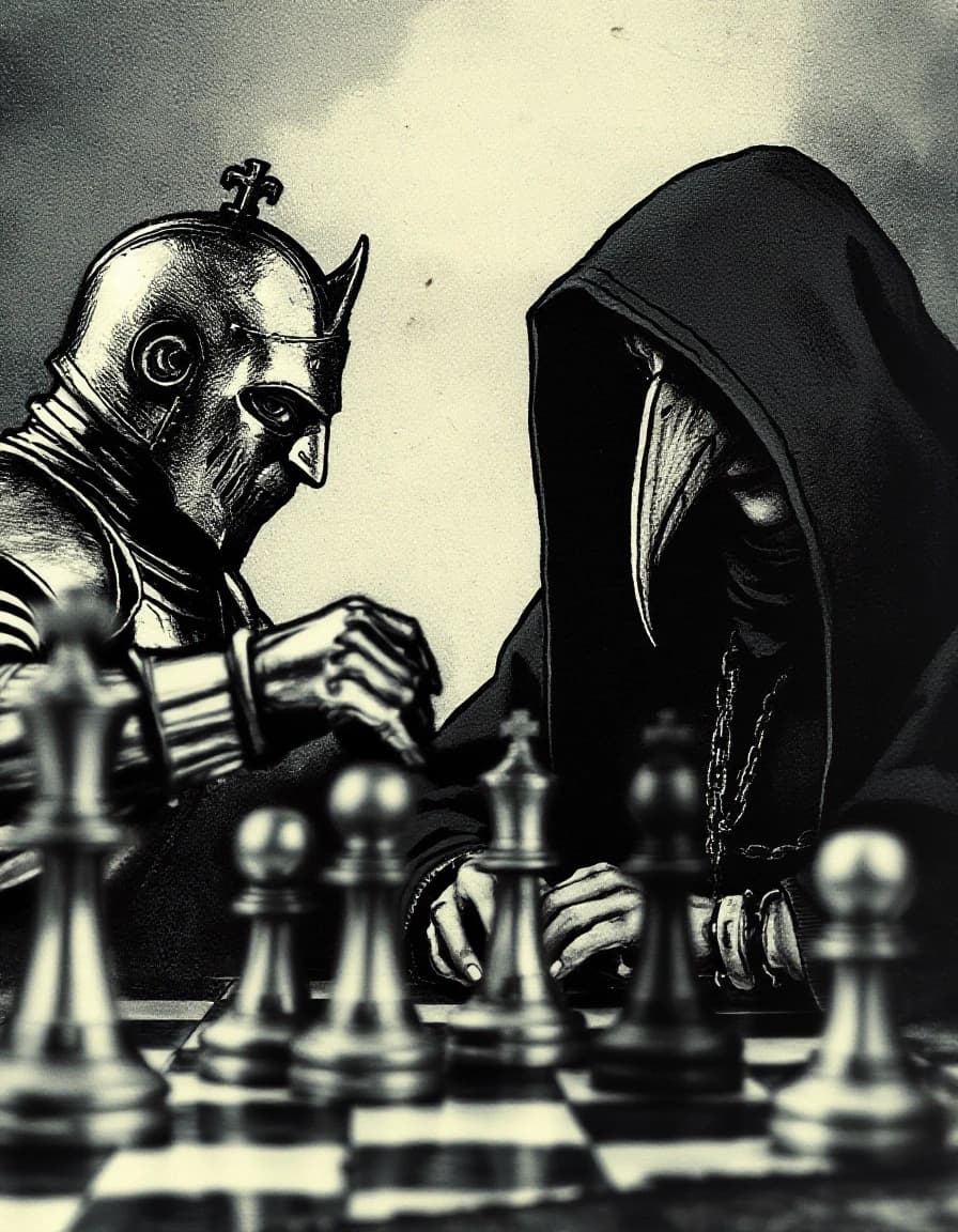 Blurred ink stains depicting a chess game between a medieval knight and a woman in a black cloak with a hood, wearing a plague doctor’s mask with a beak.
