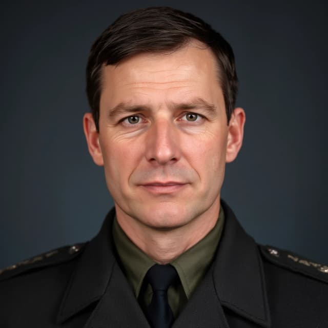 professional portrait of middle aged brave german lieutenant in NATO uniform. Short dark hairs, cold but clever grey eyes