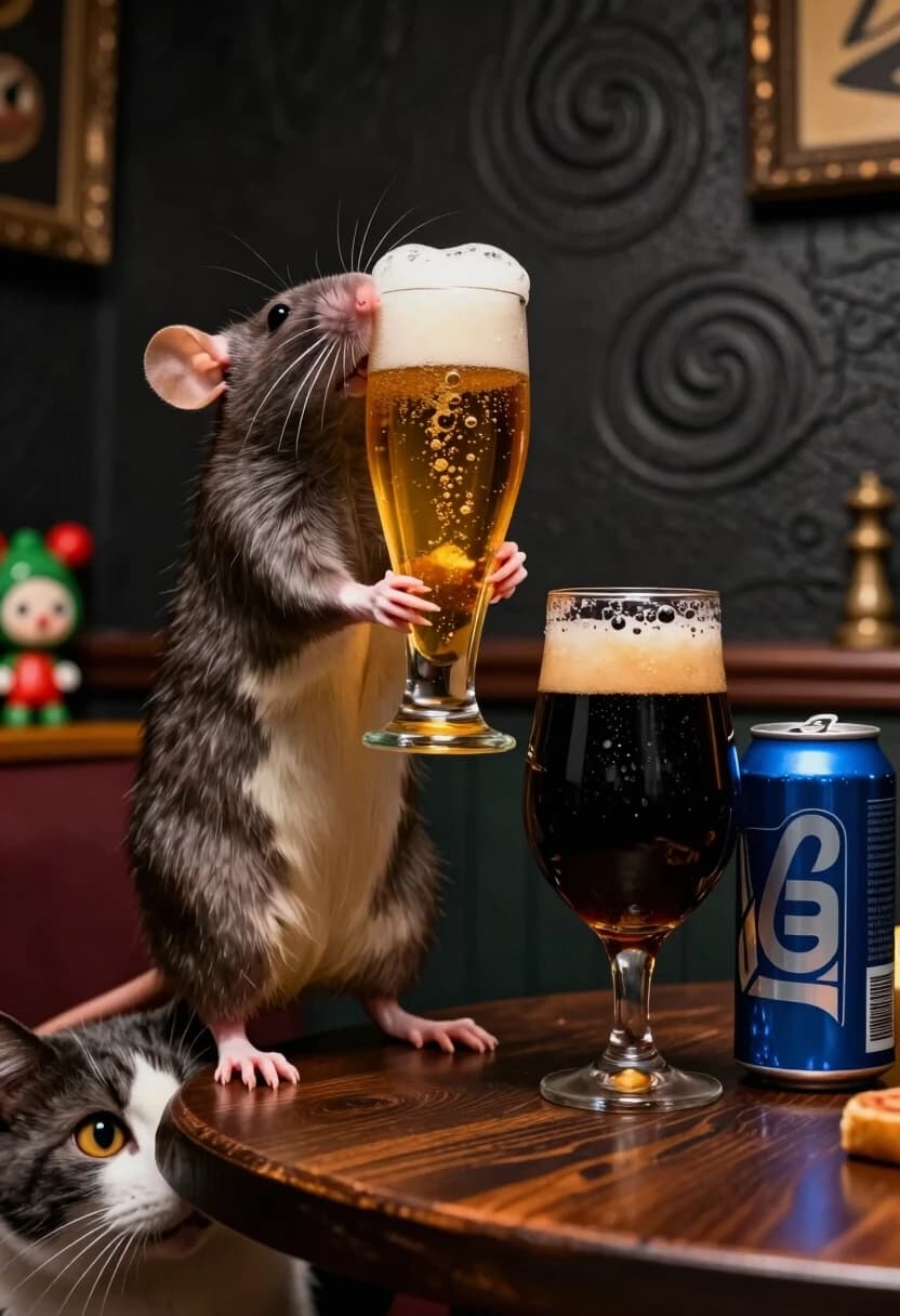 Photorealistic, 8K, highly detailed, cinematic composition, moody lighting with warm amber highlights and deep shadow contrasts. A large, alert rat stands upright on its hind legs beside a tall tulip-style beer glass; its front paws gently cradle the glass as if savoring the moment, and its nose nearly touches the frothy head — capturing the “caressing the beer” gesture with expressive detail. The glass is filled with golden lager, bubbles rising in delicate streams, the foam crisp and textured.
To the right, add a second glass — a stout tulip filled with dark, opaque beer, its surface velvety with a thin, creamy head; condensation beads subtly on the glass. Next to it, a blue aluminum beer can with stylized silver graphics and bold lettering sits slightly tilted, reinforcing the casual, almost staged vibe.
In the lower left, a cat peeks over the edge of a dark wooden table — only its wide, round eyes and the top of its head are visible, with one paw gripping the table’s edge; its expression is a mix of curiosity and mild alarm.
The background features a textured dark-gray wall with an embossed swirling pattern. To the left, partially out of focus, a small decorative figurine with green and red accents adds a quirky touch. The table surface is dark wood with visible grain.
Focus on hyper-realistic textures: the rat’s fur (mix of dark gray and warm tan), the cat’s soft coat, the glass’s refraction and condensation, the foam’s micro-bubbles, and the can’s metallic sheen. Style: humorous yet cinematic still life, with a slightly noir atmosphere and a playful narrative undertone.