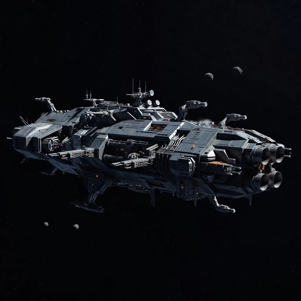 Wide shot of a large, heavy, modular sci-fi spacecraft, angular industrial design characteristic of the Dark Orbit game aesthetic. Dark grey and graphite metallic hull with complex exposed subsystems, massive thruster blocks, radar arrays, and protruding mechanical modules. Set in deep black cosmic void with 2 or 3 small, distant dark planetoids. No planetary atmospheres, no large planets. Scale and mass emphasized by distance, photorealistic, sharp textures, intricate mechanical details, cold technological aesthetic, cinematic composition, 8k.