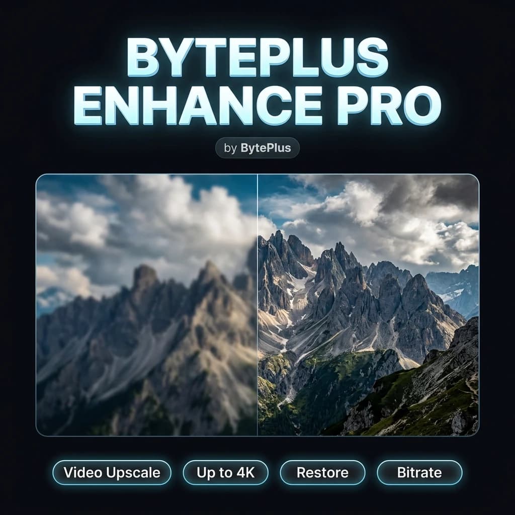 Premium cover poster, square composition, bold glowing modern 3D typography text "BYTEPLUS ENHANCE PRO" centered near the top, crisp and perfectly legible, small brand tag "by BytePlus" beneath the title. Below it: a split-frame comparison of a cinematic mountain landscape: soft blurry half versus razor-sharp vivid half, dramatic clouds, crystal detail. At the bottom: a clean row of small glowing rounded feature badges with short legible labels: "Video Upscale", "Up to 4K", "Restore", "Bitrate". perfectly legible text, high detail, flagship poster quality, no extra labels