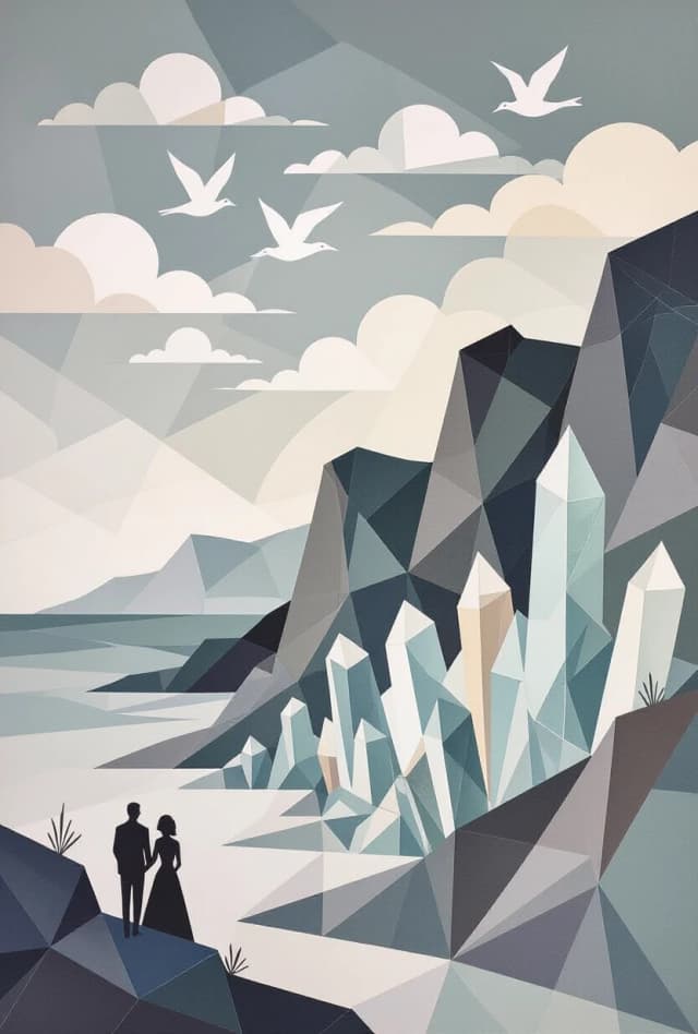 A polygonal pattern on canvas, a scroll, angular bold lines, stencil watercolor, a high plateau with translucent stalagmites, a pearl-gray sea below, glass birds above, clouds and silhouettes of a woman and a man, glass birds in the sky, a minimalist palette.