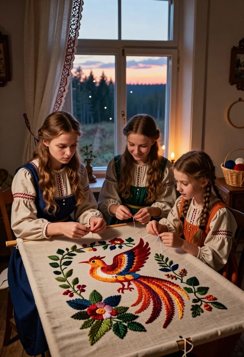 Создай фотореалистичную сцену в духе русской сказки, стилизованную под кинематографичный кадр: три молодые девицы сидят у высокого резного окна в светлице. Слева — старшая, собранная и серьёзная: она уверенно ведёт крупный стежок, её поза спокойна, взгляд чуть строг. В центре — средняя, с лёгкой улыбкой, она поправляет нить и будто тихо подбадривает сестёр; в её жесте — мягкость и забота. Справа — младшая, самая оживлённая: она чуть наклонилась вперёд, в глазах — любопытство и азарт, пальцы ловко перебирают иглу.
Перед ними — общий рабочий стол с широкой рамой, на которой закреплено большое полотно: на нём расцветает сказочный узор — жар‑птица с пышным хвостом, окружённая цветами и виноградными лозами. Вышивка объёмная, с богатой фактурой: видны отдельные нити, плотные стежки, лёгкие узелки, переходы оттенков в одном мотиве; ткань основы — плотный лён с заметной текстурой переплетения.
Окно с переплётами, за стеклом — вечерний пейзаж: тёмный лес, первые звёзды, тонкая полоска заката на горизонте. Из глубины комнаты льётся тёплый свет от лампады или свечи, он ложится золотистыми бликами на лица, волосы и нити, подчёркивая рельеф вышивки; тени мягкие, глубокие, создают объём.
Детали интерьера: резные наличники, льняные занавески с тонкой вышивкой по краю, на лавке — корзинка с клубками и пяльцами. Палитра — тёплая, природная: бежево‑кремовые, медовые, терракотовые, изумрудно‑зелёные и глубокие синие тона. Настроение — уютная сосредоточенность, сестринская близость и магия ручного труда, будто время на мгновение замерло.