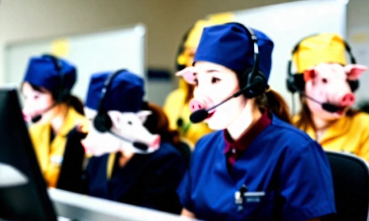 Stupid, stupid girls in yellow and blue medical uniforms are sitting in a call center, shouting into headsets, wearing blue and yellow medical caps with a picture of a pig's head on their heads.