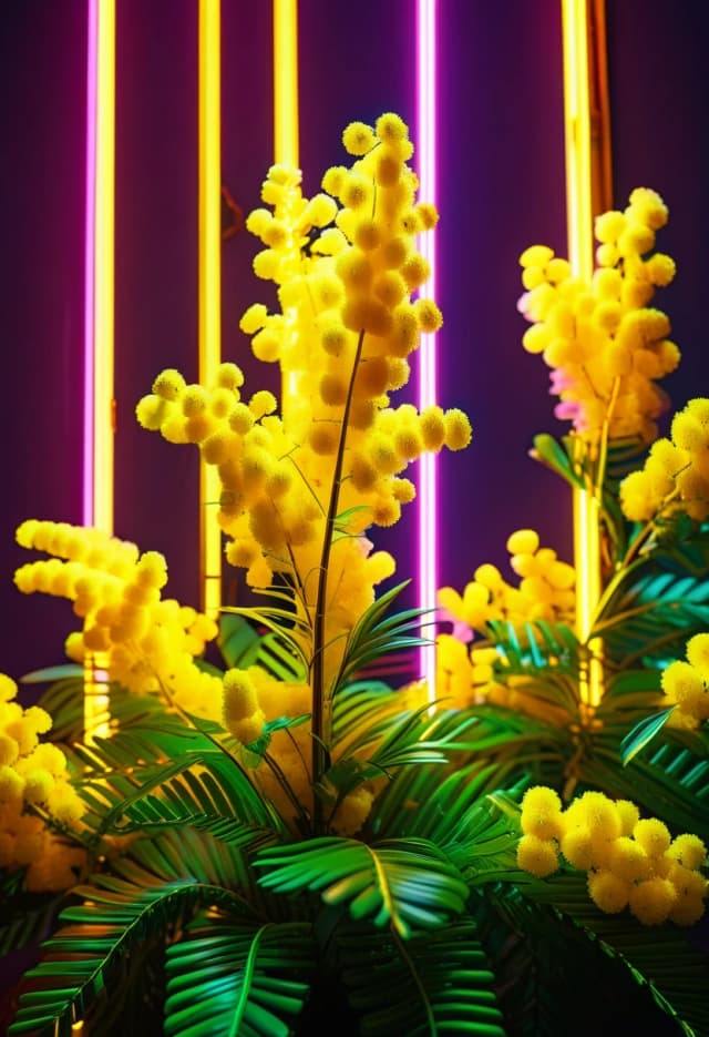 A realistic yellow flexible LED neon tube is physically placed on top of the mimosa flowers. Glowing electric neon line, real glass neon pipe glowing with bright yellow light attached to the flower bouquet, high contrast graphic lines, tangible commercial neon sign object