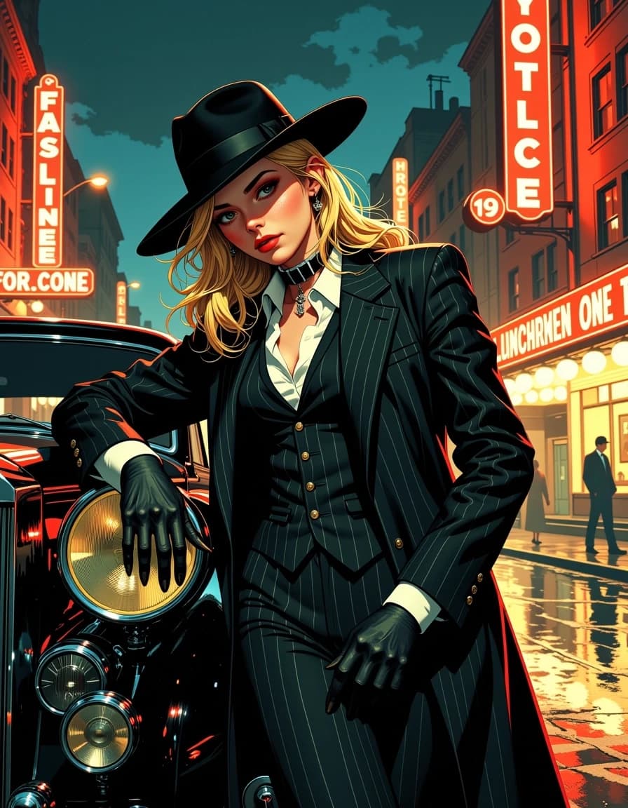 A masterpiece, in the style of the 1980s, with bold lines, dynamic strokes and rich textures, on background with a touch of nostalgia, perhaps with subtle drawings inspired by cellulose and vintage, worn textures similar to paper, oil painting, Photorealistic airbrush masterpiece, a gorgeous androgynous female gangster with striking facial features and windswept blonde hair, wearing a stylish men's fashionable 1920s-1930s fedora hat, tailored black pinstripe suit, vest, long black dramatic overcoat and leather gloves, leaning seductively against a classic vintage black Rolls-Royce style car in front of the illuminated grand Hotel Falcone at night, wet city street with beautiful light reflections, neon signs, atmospheric cinematic lighting, moody and elegant noir atmosphere, hyperrealistic details, flawless airbrushed skin and fabric textures, dramatic rim lighting, ultra-detailed, 8k photorealism