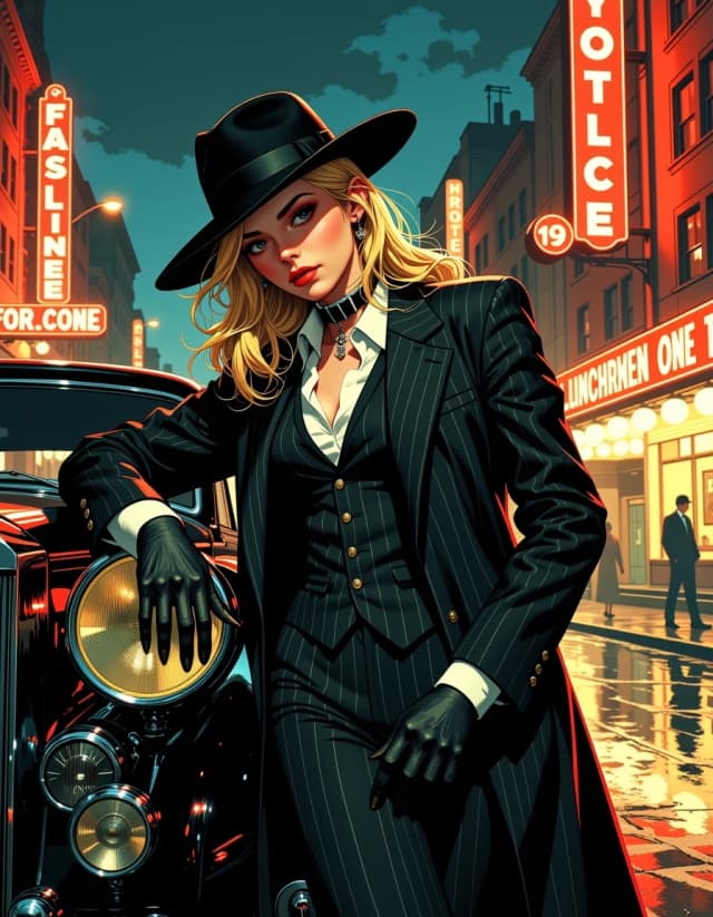 A masterpiece, in the style of the 1980s, with bold lines, dynamic strokes and rich textures, on background with a touch of nostalgia, perhaps with subtle drawings inspired by cellulose and vintage, worn textures similar to paper, oil painting, Photorealistic airbrush masterpiece, a gorgeous androgynous female gangster with striking facial features and windswept blonde hair, wearing a stylish men's fashionable 1920s-1930s fedora hat, tailored black pinstripe suit, vest, long black dramatic overcoat and leather gloves, leaning seductively against a classic vintage black Rolls-Royce style car in front of the illuminated grand Hotel Falcone at night, wet city street with beautiful light reflections, neon signs, atmospheric cinematic lighting, moody and elegant noir atmosphere, hyperrealistic details, flawless airbrushed skin and fabric textures, dramatic rim lighting, ultra-detailed, 8k photorealism