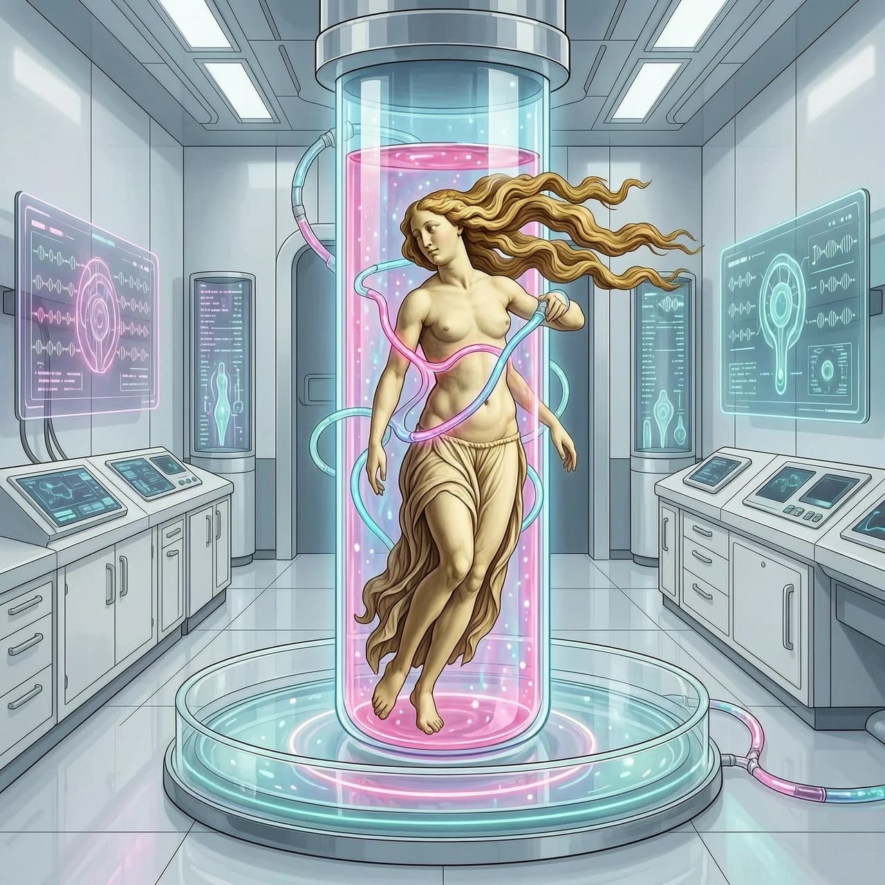 A stunning surreal collage: Sandro Botticelli's "Birth of Venus" reimagined in a futuristic biotechnology lab. Venus is not emerging from a shell, but being "grown" in a giant glowing test tube filled with iridescent liquid. Her iconic hair flows not in the wind, but through tubes of pink and blue serum. Instead of the sea, she stands on a petri dish. The background is a sterile, high-tech laboratory with holographic screens displaying genetic codes. The palette is clinical whites, glowing pinks, and bioluminescent blues. Hyper-detailed textures, sci-fi meets Renaissance art. 9:16 vertical. No text.