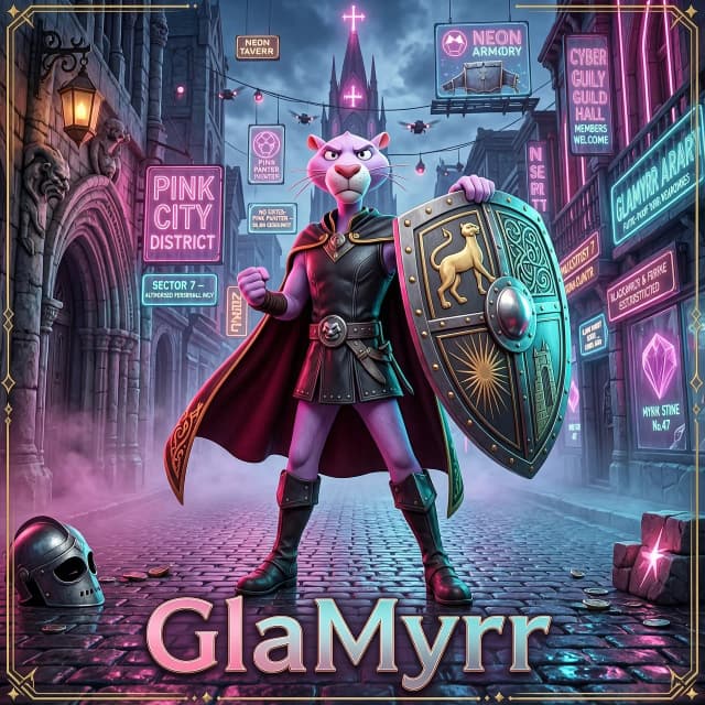 Pink Panther character in a stylized, epic cinematic render, standing in a heroic pose. The character maintains its classic cartoon features but with high-end 3D textures and sophisticated shading. Beside the Pink Panther is a large, ornate medieval knight's shield with intricate engravings and metallic reflections, symbolizing strength and protection. The setting is a breathtaking fusion of cyberpunk and neo-medieval aesthetics: dark cobblestone streets illuminated by vibrant pink and cyan neon signs, with floating holographic elements and misty atmosphere. High-contrast cinematic lighting, volumetric fog, and rim lighting that accentuates the character's silhouette. Composition: centered, low-angle shot to create a sense of grandeur and power. At the bottom of the frame, the text "GlaMyrr" is written in a stylized, bold, modern fantasy font with a subtle metallic glow, perfectly integrated into the composition. Digital art, octane render, 8k resolution, hyper-detailed, masterpiece.