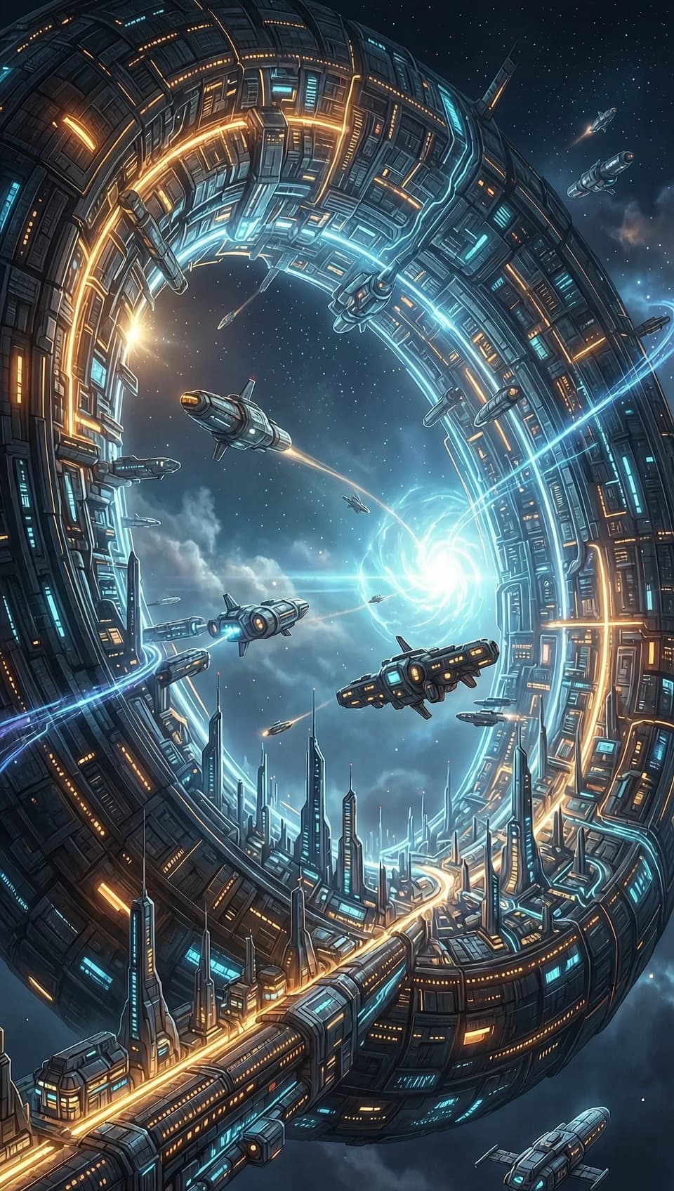 A breathtaking cinematic sci-fi concept art of a colossal universe shaped like a closed torus (donut-shaped world). The massive ring curves infinitely into the horizon, with its inner surface teeming with sprawling futuristic megacities, glowing neon networks, and advanced technological structures. High-tech spacecraft and orbital stations navigate the central void of the torus. The composition features a wide-angle, epic perspective, looking across the curvature of the ring towards the distant, glowing horizon. Lighting is dramatic and high-contrast, featuring the soft bioluminescence of planetary cities clashing with the harsh, brilliant light of a central artificial star or cosmic nebula. Atmospheric details include swirling stardust, cosmic gas clouds, and faint light trails from traveling vessels. Digital painting style with hyper-realistic textures, intricate mechanical details, and a sense of overwhelming cosmic scale, reminiscent of high-end concept art for epic space operas. Deep blues, electric cyans, and vibrant ambers.