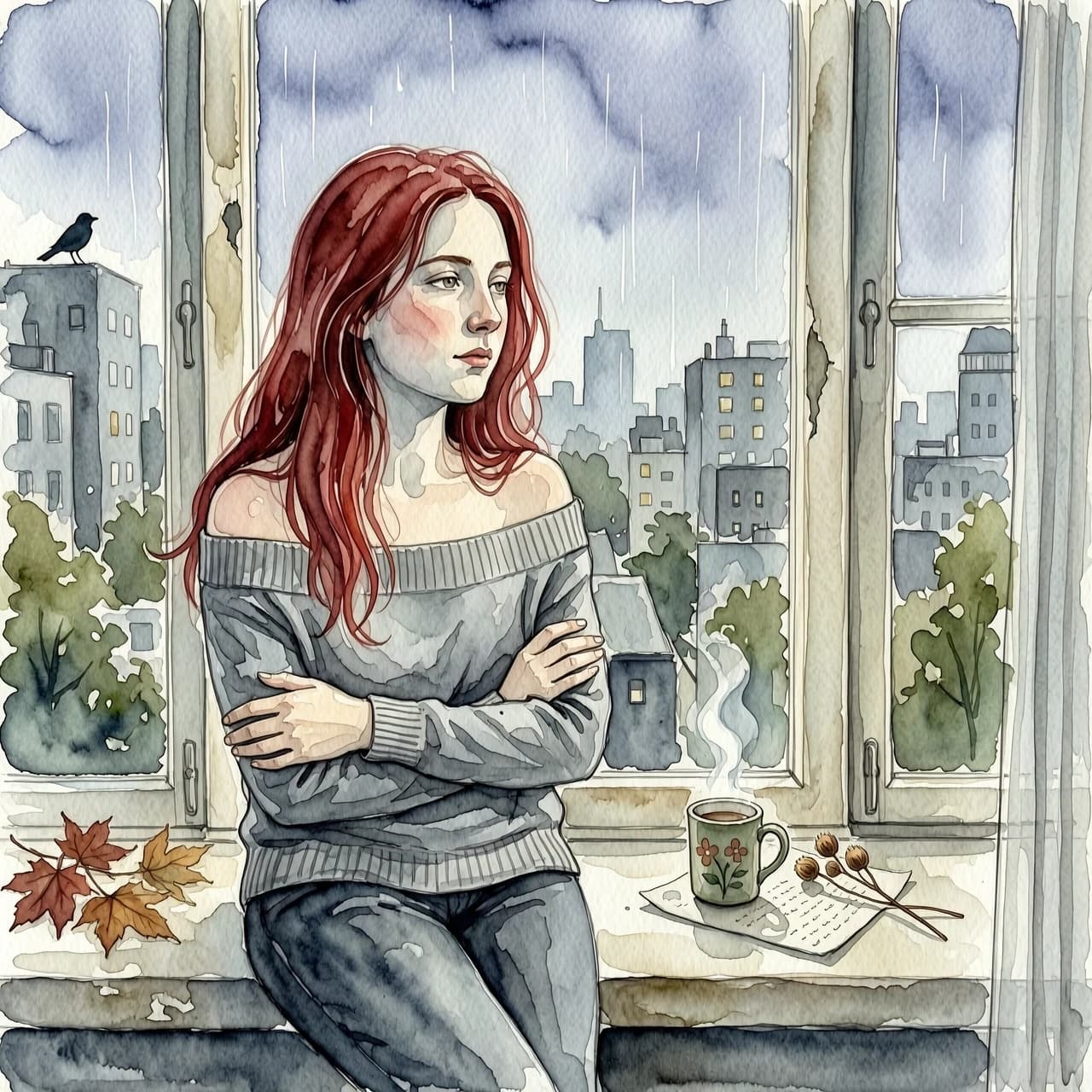 The image is a portrait of a young woman with long red hair. She is sitting on a window sill, looking out with a thoughtful expression on her face. The woman is wearing a gray off-the-shoulder sweater and her arms are crossed over her chest. The background is blurred, but it appears to be a cityscape with buildings and trees. The overall mood of the image is somber and contemplative. The image has a watercolor-like quality, giving it a soft and dreamy feel.