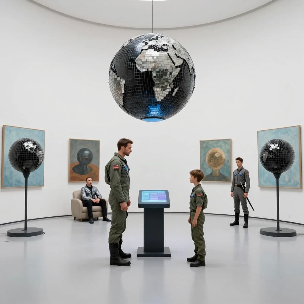 A large, semi-circular, white hall with no windows. Along the walls are sculptures depicting a ball on a very thin pillar. The walls are adorned with paintings depicting a ball on a pale blue background, with the surface of the ball covered in a mosaic pattern made up of numerous small black and mirror-like tiles, standing on a very thin pillar on a pale blue background. In the center of the hall is a holographic terminal. Standing near the terminal is a tall, muscular man in a flight suit without any insignia, accompanied by a 12-year-old boy. In the background, near the wall, a man in a silver-black suit is sitting on one of the soft chairs with a surprised expression on his face, while a young man in a flight suit with a thin sword on his belt is standing next to him. Above the holographic terminal, a three-dimensional image of the planet Earth is rotating, consisting of a mosaic pattern made up of numerous small black and mirror-colored tiles.