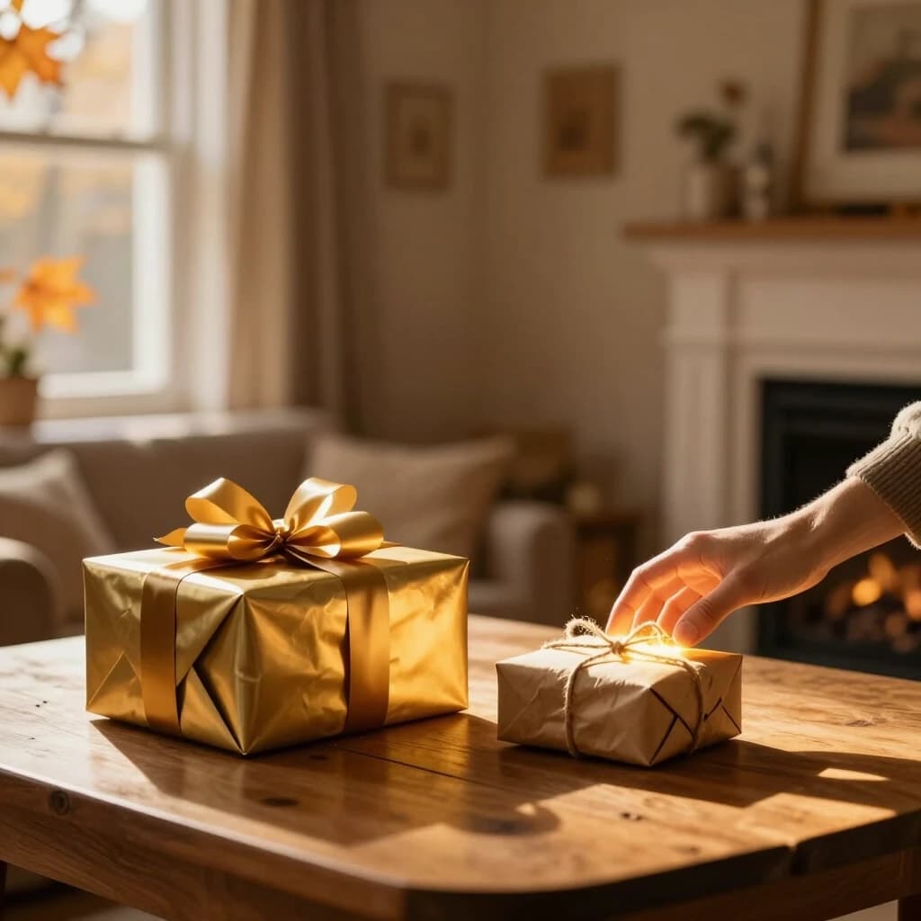 Cinematic photorealistic still life of a wooden table in a cozy, warmly lit room with soft autumn sunlight streaming through a window. On the left side of the table lies a huge, immaculately wrapped gift box with shiny gold paper and an extravagant bow, looking expensive but impersonal. On the right side lies a small, modestly wrapped package with simple brown paper and twine, slightly crumpled, but a warm, soft golden glow is emanating from inside it, symbolizing love, thoughtfulness, and emotional value. A single person's hand is reaching out towards the small, glowing package, ignoring the large one. The background is a blurred, cozy living room with a fireplace. The upper part of the image has a large empty warm beige wall, perfect for adding text. Philosophical, emotional, contrast between wealth and meaning, warm amber and soft brown tones, shallow depth of field, 8k, 4:5 aspect ratio.