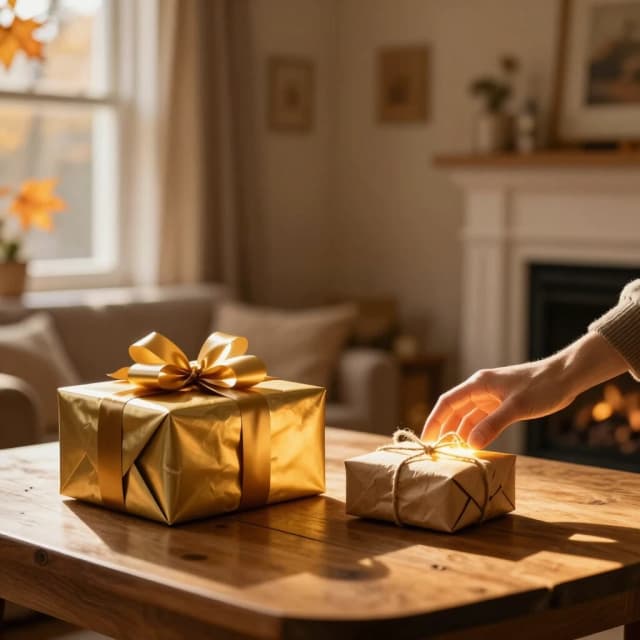 Cinematic photorealistic still life of a wooden table in a cozy, warmly lit room with soft autumn sunlight streaming through a window. On the left side of the table lies a huge, immaculately wrapped gift box with shiny gold paper and an extravagant bow, looking expensive but impersonal. On the right side lies a small, modestly wrapped package with simple brown paper and twine, slightly crumpled, but a warm, soft golden glow is emanating from inside it, symbolizing love, thoughtfulness, and emotional value. A single person's hand is reaching out towards the small, glowing package, ignoring the large one. The background is a blurred, cozy living room with a fireplace. The upper part of the image has a large empty warm beige wall, perfect for adding text. Philosophical, emotional, contrast between wealth and meaning, warm amber and soft brown tones, shallow depth of field, 8k, 4:5 aspect ratio.