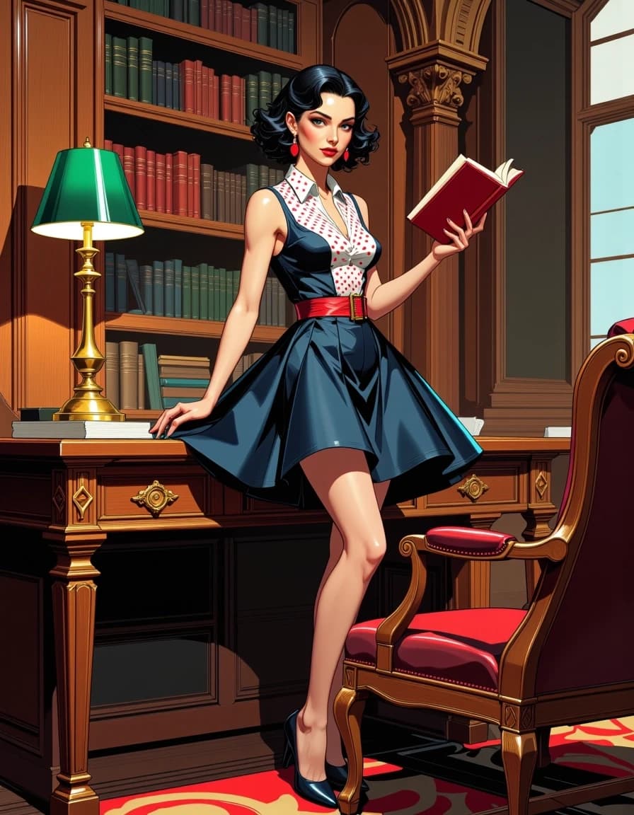 A masterpiece, in the style of the 1980s, with bold lines, dynamic strokes and rich textures, on background with a touch of nostalgia, perhaps with subtle drawings inspired by cellulose and vintage, worn textures similar to paper,oil painting, Photorealistic cinematic portrait of a glamorous 1950s pin-up woman standing confidently beside a heavy wooden library desk in an old, ornate study. She wears a sleeveless collared polka-dot dress in navy, white and red with a wide navy belt and full swing skirt, glossy black high heels, red lipstick and vintage victory-roll hair; holding an open hardcover book in one hand, other hand on hip. Rich mahogany bookshelves tower behind her filled with leather-bound volumes, brass and gold carved details, tufted leather chairs and stacked books on the desk. Warm, directional cinematic lighting with soft rim light and subtle volumetric rays, deep wood grain textures, polished brass banker lamps with green glass shades casting pools of light, shallow depth of field, high detail, realistic skin and fabric textures, filmic color grading, slight film grain, eye-level full-body composition, elegant retro glamour mood. celshading, simple background