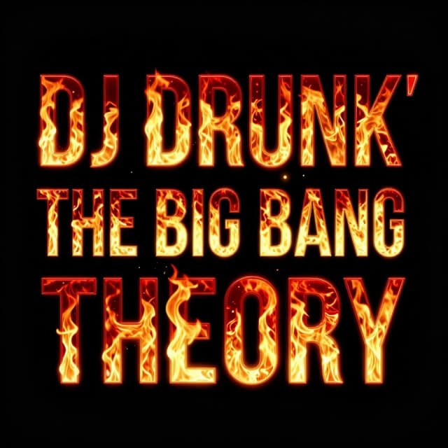 Modern 2026 electronic music album cover, solid matte black background. Hyper-bold extended futuristic font reading on three lines: line 1 "DJ DRUNK'", line 2 "THE BIG BANG", line 3 "THEORY". Font mask design with explosive photorealistic fire and burning inferno trapped inside the letters. Glowing embers, sharp contrast, intense red and gold flame textures. Clean defined text edges against the black emptiness. Cinematic photography style, EDM rave aesthetic, 8k resolution --ar 1:1 --v 6.0 --style raw