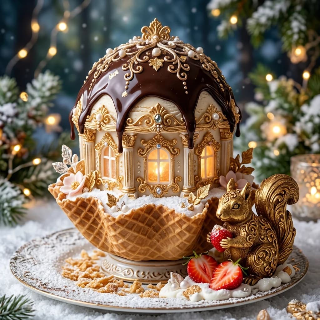 A waffle cup with ice cream in the shape of a chamber. The roof of the chamber is covered with chocolate glaze, the clearing around the chamber is covered with snow. Snow is made of icing sugar. A golden chocolate squirrel with strawberries in its paws is sitting in a clearing. (Style): fantasy, fairy tale, ice cream cake, magic dessert, decoration of desserts and sweets, rococo-Baroque, double overlay, close-up. The inner light. High quality, 4k, intricate details.