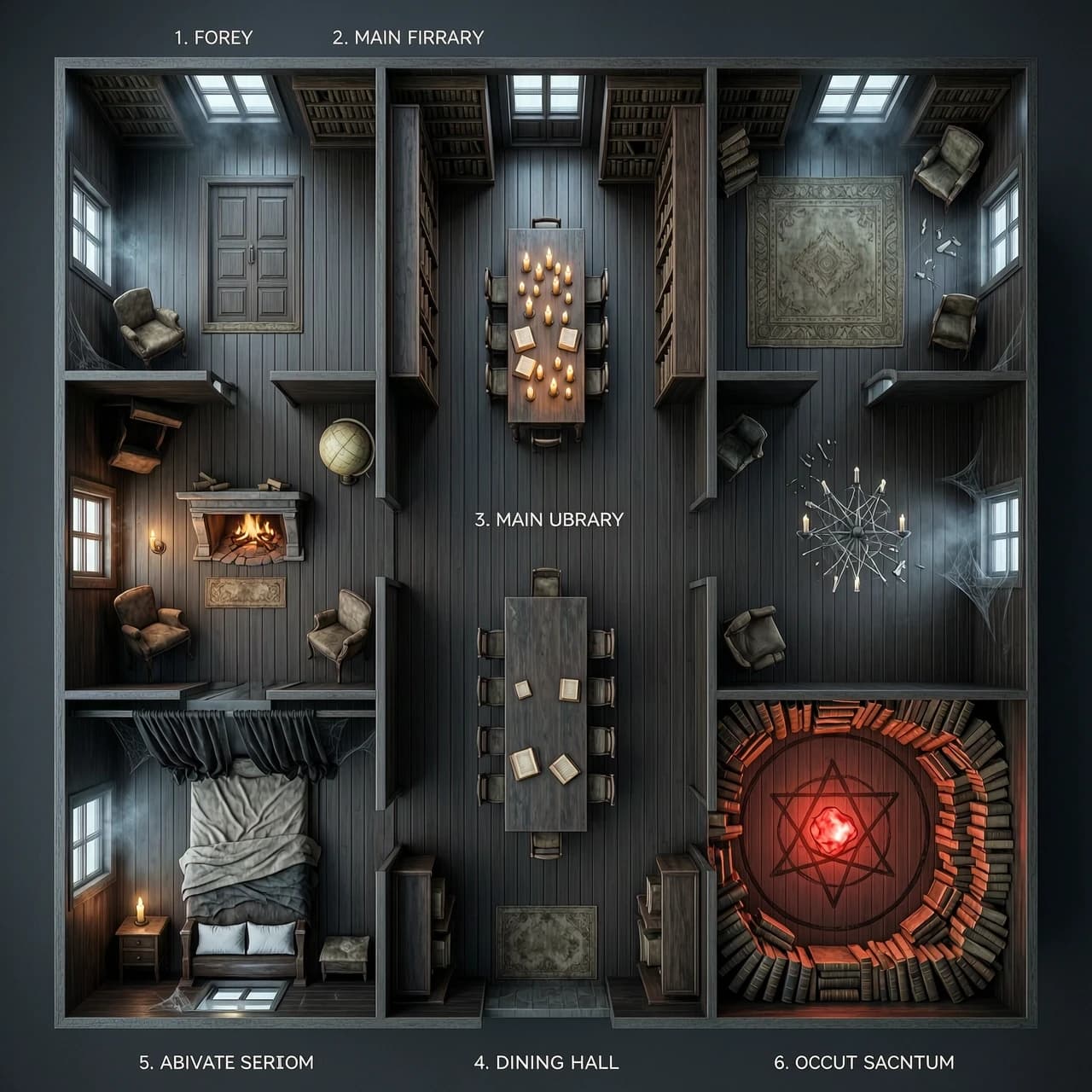 Photorealistic 3D architectural rendering, strict top-down 90-degree overhead view, looking straight down at a massive dark haunted gothic library mansion. The layout shows a complete floor plan with exactly 6 separate interconnected rooms with visible walls, shown as a 3D diorama. NOT a 2D blueprint, NOT a flat schematic.
Room 1 (Foyer): heavy oak double doors, a dusty entry rug.
Room 2 (Main Library): towering dark mahogany bookshelves against all walls, a giant central wooden reading table with melted candles and open books.
Room 3 (Private Study): a stone fireplace with dying embers, an antique armchair, and a celestial globe.
Room 4 (Dining Hall): a massive long dark wood table with 8 rotting chairs, a shattered chandelier lying on the floor.
Room 5 (Abandoned Bedroom): a dusty canopy bed with torn dark curtains, a small nightstand with a flickering candle.
Room 6 (Occult Sanctum): a circular room with a dark pentagram drawn on the floor, chaotic towers of ancient books, and a glowing eerie red stone.
Atmosphere: extremely dark, spooky, abandoned, cursed. Thick cobwebs in the corners, heavy floating dust particles. Cinematic horror lighting: deep black shadows, dim candlelight, volumetric fog, and patches of cold moonlight shining through a few small windows.
Textures and colors: deep blacks, ruined dark browns, and muted blood-red. Rich wooden floorboards, tattered rugs. Highly detailed 3D environment, Octane Render, Unreal Engine 5, photorealistic, volumetric lighting, masterpiece, 8k, --ar 4:3**