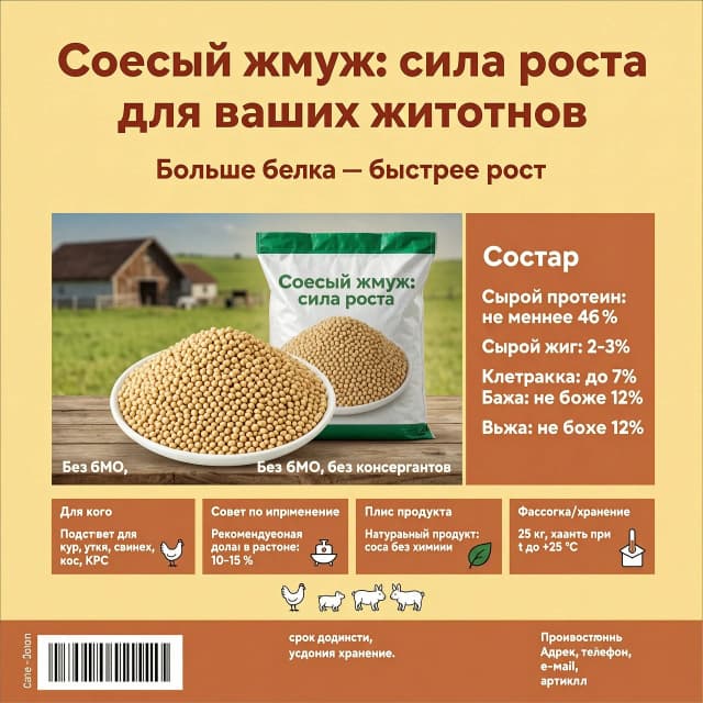 Макет этикетки
Цветовая схема
Фон: тёплый жёлтый (например, Pantone 1225 C или RGB 255, 218, 138) — создаёт ощущение натуральности и уюта.
Акценты/плашки/рамки: терракотовый (Pantone 1795 C, RGB 204, 85, 54) — для контраста и выделения важных данных.
Текст и светлые элементы: белый (RGB 255, 255, 255) — для читаемости на тёмных плашках.
Шрифтовая пара
Заголовок: округлый гротеск (например, Manrope, Quicksand, Montserrat Rounded) — крупно, жирным начертанием.
Основной текст: тот же шрифт, обычный или средний вес — для лёгкого восприятия.
Композиция по зонам
Верхняя зона (заголовок и слоган)
По центру: заголовок «Соевый жмых: сила роста для ваших животных» — очень крупно, терракотовым цветом или белым на терракотовой подложке (если фон слишком пёстрый).
Чуть ниже, по центру: слоган «Больше белка — быстрее рост» — меньшим размером, терракотовым.
Центральная зона (фото + состав)
Фото: жмых в миске рядом с мешком, на фоне фермы. Расположить по центру или чуть левее — занимает примерно 50–60 % ширины этикетки.
Плашка под состав: вертикальная терракотовая плашка справа (или слева, если фото смещено) шириной примерно 1/3 от ширины фото. Внутри:
Надпись «Состав» — белым, жирным, сверху плашки.
Ниже — строки с показателями (белым, обычным начертанием, выровнено по левому краю):
Сырой протеин: не менее 46 %
Сырой жир: 2–3 %
Клетчатка: до 7 %
Влага: не более 12 %
Без ГМО, без консервантов
Нижняя зона (тезисы, иконки, фишки)
Разбить на 3–4 блока в ряд, каждый в небольшой терракотовой плашке с белым текстом:
«Для кого»: «Подходит для кур, уток, свиней, коз, КРС» + маленькая иконка (курица).
«Совет по применению»: «Рекомендуемая доля в рационе: 10–15 %» + иконка миски/весов.
«Плюс продукта»: «Натуральный продукт: соя без химии» + иконка листа/эко‑значка.
Опционально «Фасовка/хранение»: «25 кг, хранить при t до +25 °C» + иконка коробки/градусника.
Фишка: под этими блоками, по центру, разместить маленькие иллюстрации (курица, поросёнок, корова, кролик)
Тонкая полоса по всей ширине этикетки:
Слева: вес, штрих‑код.
По центру: срок годности, условия хранения.
Справа: производитель, адрес, телефон, e‑mail, артикул.