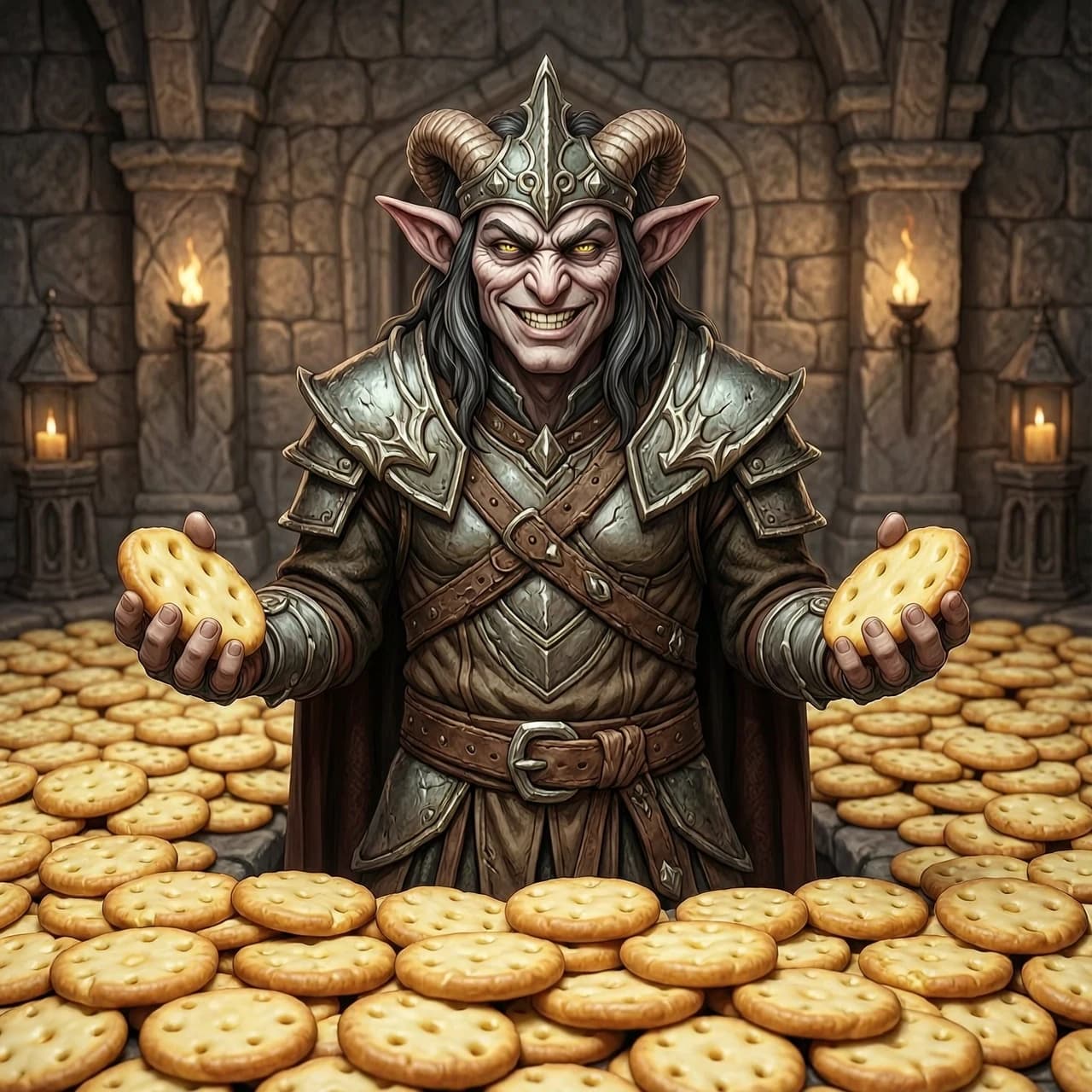 Mad Daedra Prince Sheogorath in his familiar appearance from The Elder Scrolls, surrounded by a huge number of cheese circles. Rejoices and grins at the same time. Соотношение сторон: 16:9