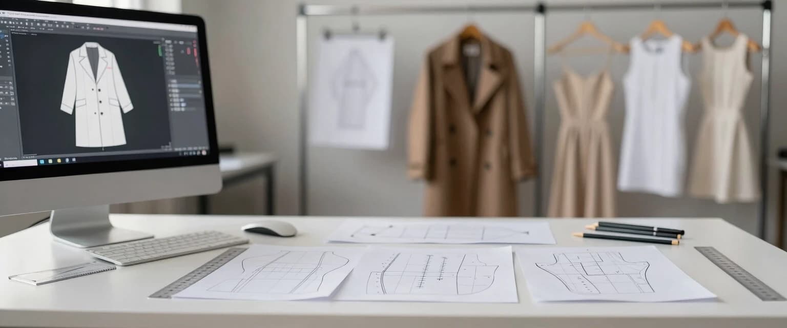 Photorealistic, frontal view of a clothing pattern design bureau. Foreground: a matte white desk with neatly arranged paper sewing patterns, transparent plastic drafting rulers (lecalas), technical flat sketches, graphite pencils, and a metal ruler. In the left corner of the desk, a modern COMPUTER with a large monitor showing CAD software displaying a 3D flattened pattern piece for a coat. Background (heavily blurred with bokeh): a metal clothing rack holding finished garment samples (a classic coat and two dresses), as well as finished paper patterns hanging on hangers. Lighting: soft directional light from the top-left (daylight, 5000K) highlighting the texture of the paper and plastic, with no glare on the monitor screen. Shallow depth of field, focus on the table with patterns and the COMPUTER.
