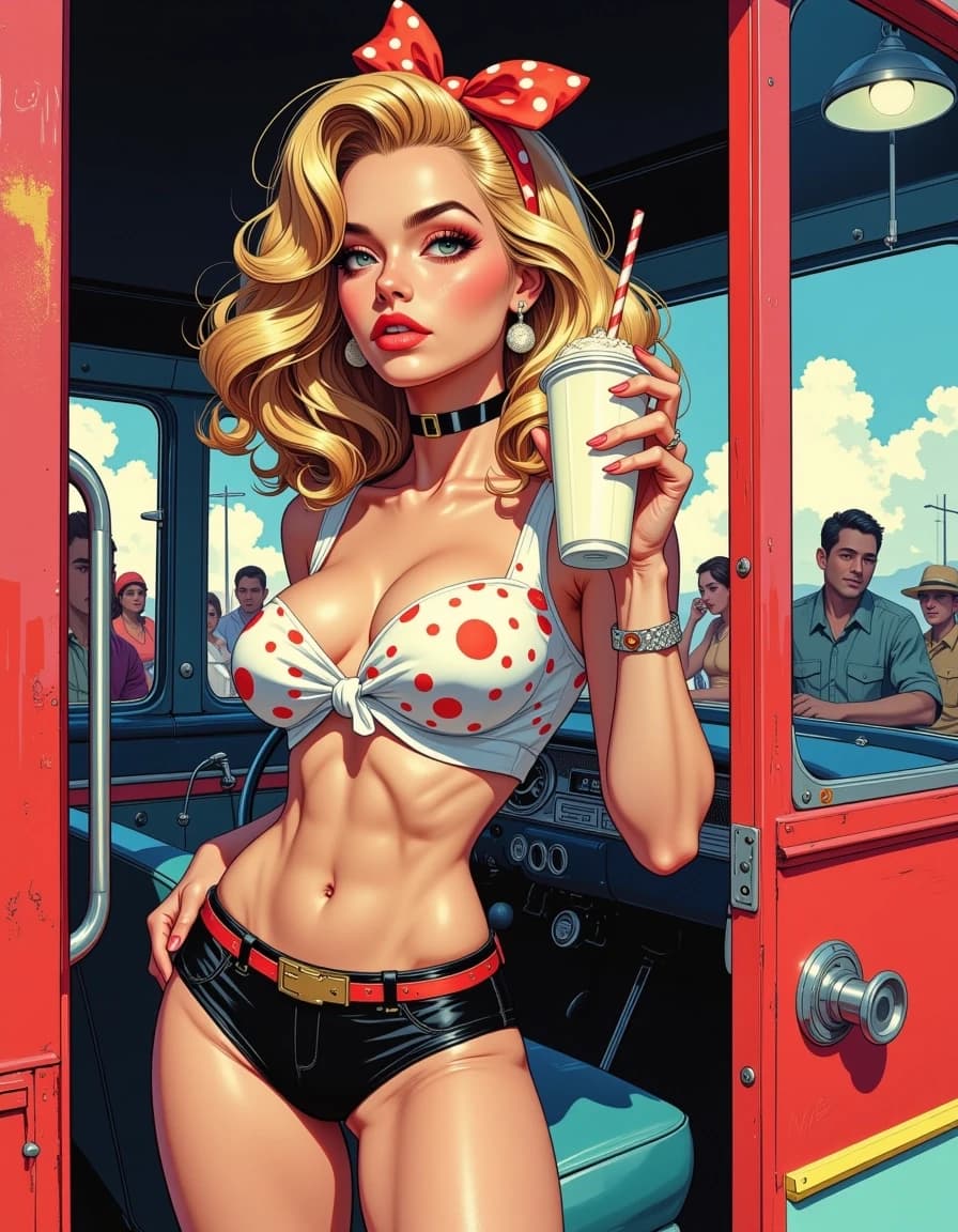 A masterpiece, in the style of the 1980s, with bold lines, dynamic strokes and rich textures, on background with a touch of nostalgia, perhaps with subtle drawings inspired by cellulose and vintage, worn textures similar to paper, oil painting, Photorealistic airbrushing. A cheerful 50's pop art portrait, close-up view of a fierce rockabilly woman stepping out from an american iconic corner diner. She has a confident and edgy expression, carrying a delicious milkshake. She's wearing a cropped dotted top and a short skirt. She has a sculptured silhouette with a narrow waist. Her blonde hair is extremely voluminous intricate silky curls, styled in a rockabilly way, adorned with a big bow with dots. She has big piercing eyes, dark defined eyebrows, plump puckered lips, dramatic long wispy lashes, a pink tint on her highlighted cheeks. Her flawless skin is luminous, reflecting light. Background of a handsome man leaning on a vintage Chevrolet and various people in motion. Dramatic sense of height, depht and motion. Premium aesthetic with rainbow accents and striking chromatic contrasts. Ultra-vibrant and eye-catching. Stunning visual impact. A masterpiece with retro vibes.