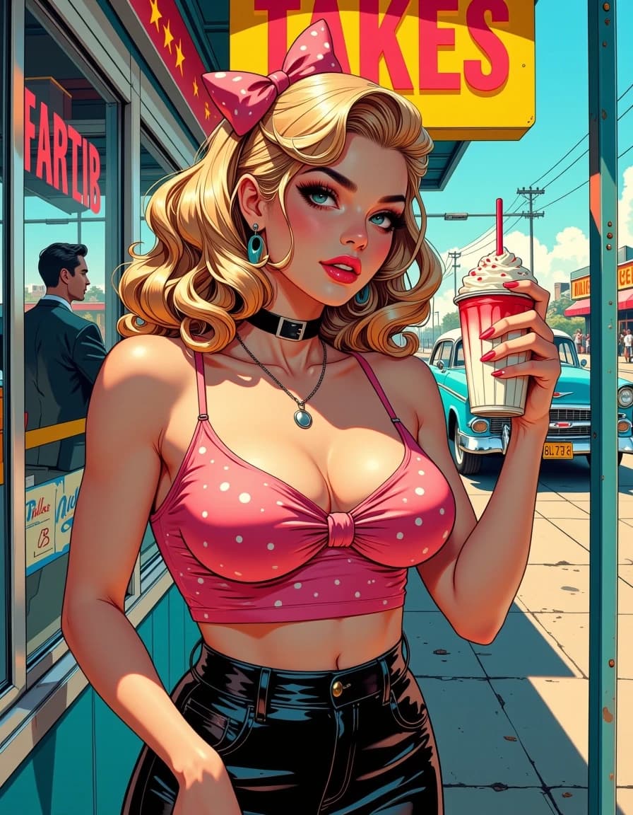 A masterpiece, in the style of the 1980s, with bold lines, dynamic strokes and rich textures, on background with a touch of nostalgia, perhaps with subtle drawings inspired by cellulose and vintage, worn textures similar to paper, oil painting, Photorealistic airbrushing. A cheerful 50's pop art portrait, close-up view of a fierce rockabilly woman stepping out from an american iconic corner diner. She has a confident and edgy expression, carrying a delicious milkshake. She's wearing a cropped dotted top and a short skirt. She has a sculptured silhouette with a narrow waist. Her blonde hair is extremely voluminous intricate silky curls, styled in a rockabilly way, adorned with a big bow with dots. She has big piercing eyes, dark defined eyebrows, plump puckered lips, dramatic long wispy lashes, a pink tint on her highlighted cheeks. Her flawless skin is luminous, reflecting light. Background of a handsome man leaning on a vintage Chevrolet and various people in motion. Dramatic sense of height, depht and motion. Premium aesthetic with rainbow accents and striking chromatic contrasts. Ultra-vibrant and eye-catching. Stunning visual impact. A masterpiece with retro vibes.