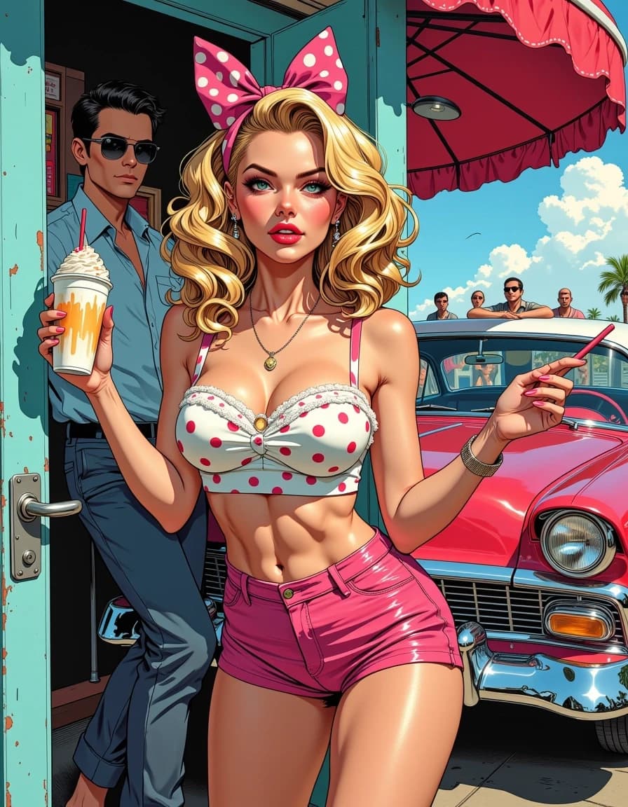 A masterpiece, in the style of the 1980s, with bold lines, dynamic strokes and rich textures, on background with a touch of nostalgia, perhaps with subtle drawings inspired by cellulose and vintage, worn textures similar to paper, oil painting, Photorealistic airbrushing. A cheerful 50's pop art portrait, close-up view of a fierce rockabilly woman stepping out from an american iconic corner diner. She has a confident and edgy expression, carrying a delicious milkshake. She's wearing a cropped dotted top and a short skirt. She has a sculptured silhouette with a narrow waist. Her blonde hair is extremely voluminous intricate silky curls, styled in a rockabilly way, adorned with a big bow with dots. She has big piercing eyes, dark defined eyebrows, plump puckered lips, dramatic long wispy lashes, a pink tint on her highlighted cheeks. Her flawless skin is luminous, reflecting light. Background of a handsome man leaning on a vintage Chevrolet and various people in motion. Dramatic sense of height, depht and motion. Premium aesthetic with rainbow accents and striking chromatic contrasts. Ultra-vibrant and eye-catching. Stunning visual impact. A masterpiece with retro vibes.