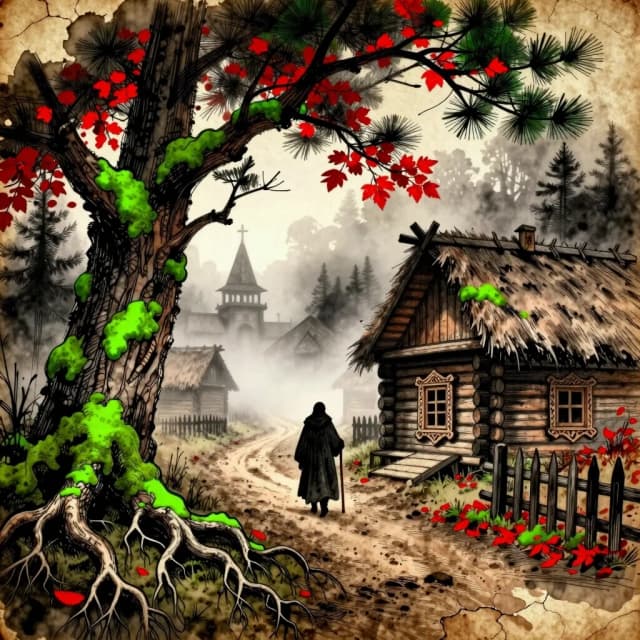 Masterpiece, hyper-detailed traditional ink wash painting mixed with fantasy realism. Old vintage cracked parchment texture, sepia and dirty brown background. Heavy black ink outlines drawn with a thick dry-brush, deep cross-hatching shadows, rough uneven brush marks. Subtle 3D volumetric texture with rich saturated watercolor accents. Vivid glowing emerald green moss, deep crimson red autumn leaves, muted ash-grey earth tones. Atmospheric fantasy, mystical fairy-tale book illustration, thick expressive calligraphic strokes, cinematic composition.
Scene: An ancient Russian village settlement from the year 1066, pre-gunpowder era. A narrow winding muddy dirt street leads from the foreground into a thick, cold white fog that swallows the distant horizon. On the left side of the street, a massive ancient twisted pine tree. Its trunk is deeply grooved and covered in vibrant bright green moss. Its roots are elegant, intertwined, and airy, spreading across the muddy ground like delicate gnarled fingers. The roots are thin but highly detailed, drawn with bold ink lines and deep shaded crevices. The branches above hold dark green needles and bright glowing crimson autumn leaves.
On the right side of the muddy path stands a rustic ancient wooden log cabin (izba). It has a steep, weathered thatched straw roof, a carved wooden window frame with traditional Slavic patterns, and a small wooden porch. The cabin logs are dark, aged, and textured with the same heavy black ink outlines and moss patches as the tree. A crooked wooden picket fence runs along the right side of the street, partially covered by fallen red leaves.
In the background, further down the misty street, the silhouettes of several other wooden huts and a tall wooden church tower with a cross-shaped spire fade softly into the dense white fog. The fog is thick, tangible, and glows with a cold, eerie pale light. Faint outlines of dark pine trees disappear into the mist.
Characters: A single lone figure wearing a long, heavy dark woolen cloak, walking away from the viewer down the center of the muddy street, holding a wooden walking stick. The figure is drawn as a dark silhouette, partially blending into the fog.
Color palette: Muted sepia, dirty brown, charcoal black, soft ash-grey. Accented by extremely vibrant, glowing emerald green on the moss and deep, saturated crimson red on the autumn leaves. All colors look like layered watercolor washes painted over heavy black ink contours.
Technical quality: 8k resolution, intricate linework, dramatic atmospheric perspective, deep rich shadows, masterpiece illustration, ancient, eerie and mystical mood. No bulky monstrous roots, no flat 2d line-art, no modern elements, no bright sunlight.
In the top left corner: a traditional red ink seal stamp and ancient Cyrillic calligraphy written in brush ink, matching the vintage parchment aesthetic
