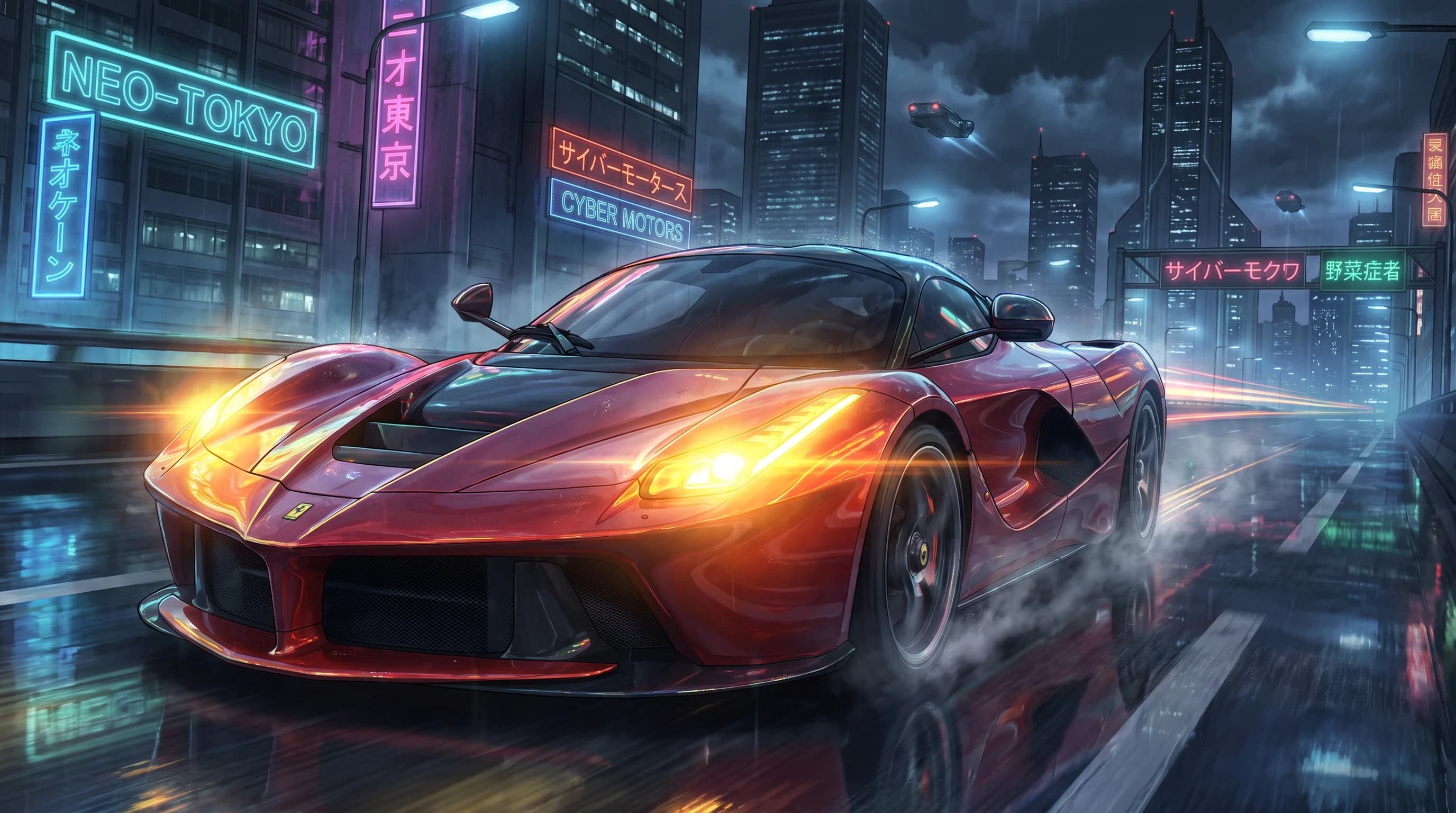 Ferrari LaFerrari, едет по дороге, эпичный ракурс, горящие фары, шедевр, крупный план, стиль аниме с реалистичными деталями, киберпанк,