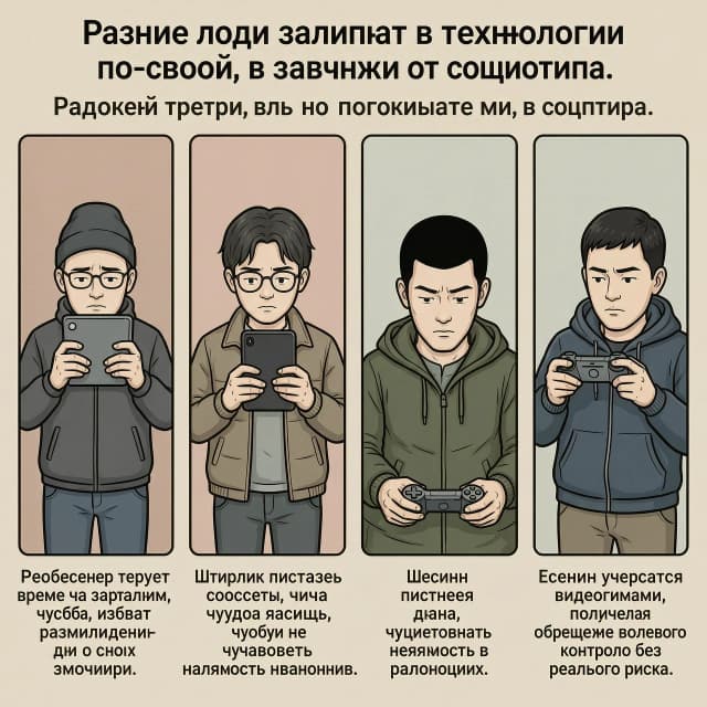 Сделай картинку для поста:
Разные люди залипают в технологии по-своему, в зависимости от социотипа.
Робеспьер теряет время за сериалами, чтобы избежать размышлений о своих эмоциях.
Штирлиц листает соцсети, ища чужую ясность, чтобы не чувствовать неясность в отношениях.
Есенин увлекается видеоиграми, получая ощущение волевого контроля без реального риска.