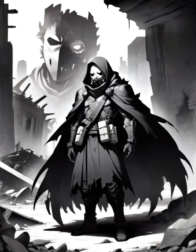 A towering, broad-shouldered man with a large, heavy-set frame, a post-apocalyptic trader wandering through a desolate wasteland, ruined buildings and debris in the background, his entire body completely concealed under a single long, flowing dark monochrome cloak that drapes from his shoulders to the ground — absolutely no skin visible anywhere, his face hidden behind a sinister respirator gas mask with multiple corrugated tubes, and on his head, instead of a hat, a gigantic flat circular metal disc is strapped horizontally like a traditional Japanese wide-brimmed hat (sugegasa/kasa), resting on his head like a massive flat parasol, this metal disc dominates his silhouette and is the most prominent visual element, black and white ink illustration, highly detailed cross-hatching and stippling, gritty texture, extreme high contrast, cinematic dramatic lighting with deep shadows, imposing silhouette, raw post-apocalyptic vibe, sharp focus, masterpiece