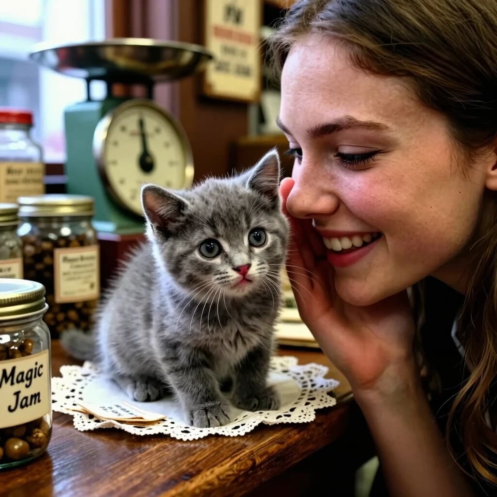 A high-detail, close-up cinematic shot from a slightly elevated angle, focusing on a polished wooden counter of a vintage general store. The frame is dominated by the expressive faces of a young woman and a tiny, fluffy grey kitten. The woman is leaning in close, whispering a secret to the kitten, her eyes twinkling with mischief and a playful, affectionate smile. Her cheek is almost touching the kitten's soft ear.
The kitten is sitting on a stack of vintage lace napkins, looking up at her with huge, soulful, blinking eyes and a tiny pink nose, as if it truly understands the secret. One paw is delicately placed on a hand-written price tag of a "Magic Jam" jar.
The composition uses a strong diagonal line from the woman's face to the kitten. The background is a rich, warm blur of antique jars, old-fashioned scales, and a faded wooden sign. The lighting is soft and romantic, coming from a nearby window, highlighting the translucent quality of the kitten's whiskers and the subtle pores of the woman's skin. The image feels tactile, warm, and deeply emotional.
Keywords: extreme close-up, emotional connection, mischievous smile, fluffy grey kitten, vintage general store, tactile textures, soft window lighting, intimate atmosphere, hyper-realistic skin and fur.