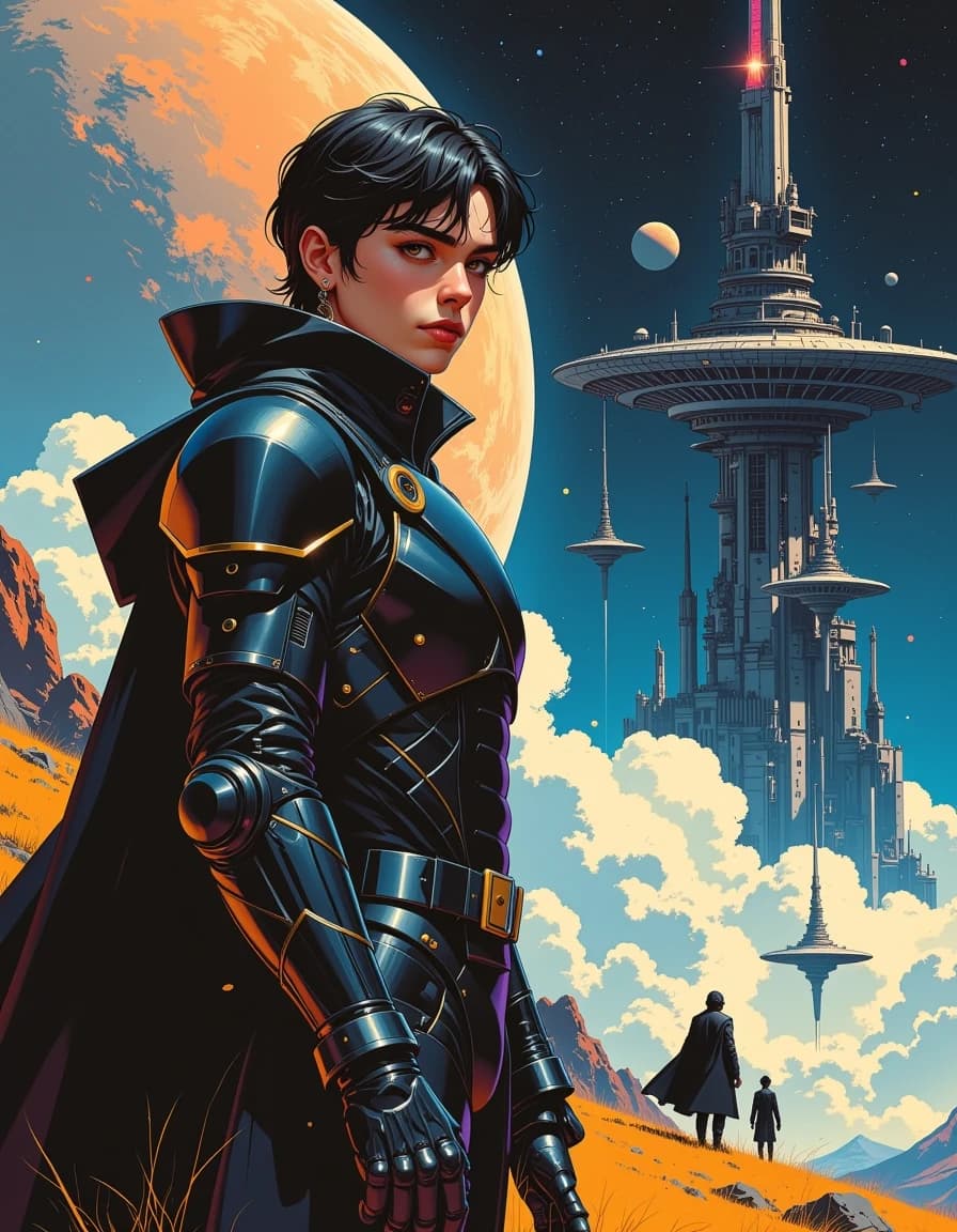 A masterpiece, in the style of the 1980s, with bold lines, dynamic strokes and rich textures, on background with a touch of nostalgia, perhaps with subtle drawings inspired by cellulose and vintage, worn textures similar to paper, oil painting, by Christopher Ruocchio, designed as a premium space opera science-fiction thriller cover. A young Imperial operative standing in the foreground of a vast futuristic alien world, wearing sleek dark advanced armor and a high-tech military coat, with a serious determined expression. Behind him, an enormous alien city rises beneath a dramatic alien sky, with massive starships hovering above, distant planets, glowing towers and a mysterious galactic empire atmosphere. Add subtle elements of espionage and intrigue: holographic displays, futuristic data screens and shadowy figures suggesting a dangerous covert mission. Realistic cinematic sci-fi photography, epic space opera atmosphere, deep black space, metallic silver, dark blue, violet and golden energy tones, dramatic volumetric lighting, ultra-detailed futuristic design, strong contrast, premium bestselling science-fiction novel cover aesthetic, celshading, simple background