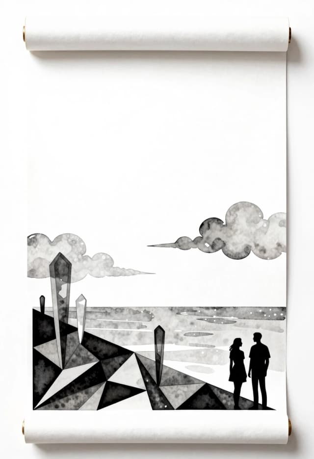 A polygonal pattern on canvas, a scroll, angular bold lines, stencil watercolor, a high plateau with translucent stalagmites, a pearl-gray sea below, clouds, and silhouettes of a woman and a man, a minimalist palette.