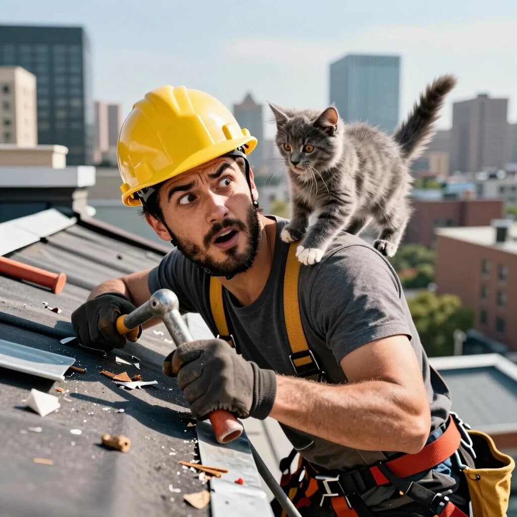 Hyper-realistic dynamic shot of a charismatic young roofer with a stubble beard and a crooked hard hat. He is in the middle of repairing a roof, holding a heavy tool, while a fluffy grey kitten clumsily jumps onto his shoulder, causing a chaotic moment. The worker's face shows a funny expression of shock and disbelief, one eyebrow raised. Dutch angle shot to emphasize instability and height. Detailed roof texture with debris, tools, and metallic sheets. In the background, a vast urban panorama with skyscrapers under a bright sunny day. Sharp focus on the facial expression and the fluffy texture of the kitten. Motion blur on the kitten's paws, high contrast, 8k, ultra-detailed.