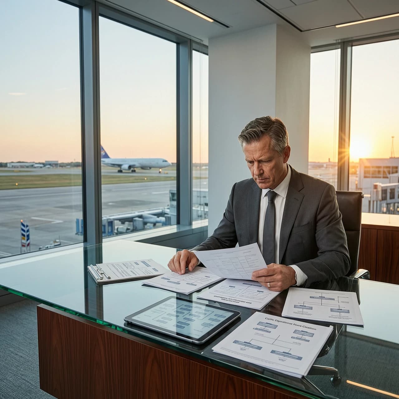 Cinematic hyper-realistic wide shot, professional corporate environment. A focused certification consultant, a middle-aged man of Caucasian descent in a sharp charcoal grey business suit, is meticulously reviewing complex organizational charts and aviation compliance documents. He is sitting at a sleek, minimalist glass desk in a high-end, modern skyscraper office with floor-to-ceiling windows. In the background, a blurred view of a busy international airport runway with a commercial jet preparing for takeoff under a soft sunset sky. The lighting is a sophisticated mix of cool office LED accents and warm, golden hour sunlight streaming through the glass, creating subtle lens flares and professional depth of field. The atmosphere is serious, analytical, and highly professional. High-detail textures on paper documents, digital tablet screens with intricate diagrams, and polished mahogany surfaces. Shot on 35mm lens, 8k resolution, photorealistic, corporate photography style, sharp focus on the consultant's intense expression and the technical documents.