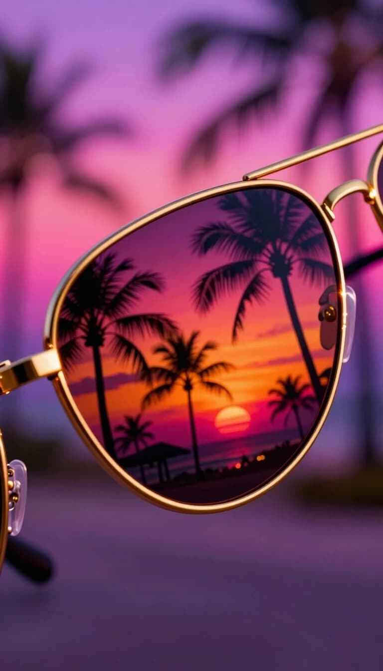 An extreme close-up macro view of gold-rimmed aviator sunglasses angled in a subtle dutch tilt, the reflective lenses filled with tall palm trees and a radiant tropical sunset in vivid magenta, violet, orange, and electric pink, warm neon sky gradients glowing across the glass, tiny highlights shimmering along the metal frame, soft dreamy bokeh in the background, shallow depth of field with crisp focus on the front lens and bridge, dynamic off-center composition, photoreal detail, synthwave atmosphere, cinematic glow, rich reflections, glossy materials, vibrant color contrast, immersive summer-night mood. <lora:krea2_ta86_synthwave-style_V1.2:1.0> <lora:KREA2_TA86_3xperiment0_light:0.5>
Steps: 12, CFG scale: 1, Sampler: (None, Seed: 426766725533738, VAE: qwen_image_vae.safetensors, Model: krea2_turbo.safetensors, Model hash: 78bbf8f416, Clip skip: 1