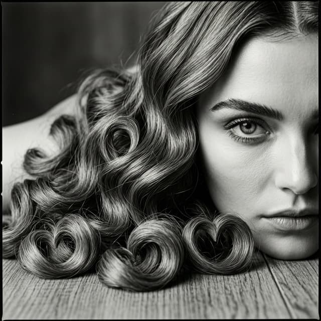 High-end fashion editorial black and white portrait, dramatic cinematic composition. A close-up shot of a young woman lying on the floor, where only half of her face is visible. The focus is razor-sharp on a single captivating eye, a perfectly groomed eyebrow, and the elegant, flowing contour of her cheekbone. Her voluminous hair, styled in soft, lustrous curls, artfully cascades across the frame, with specific strands intricately arranged to form clear, recognizable heart silhouettes against the background. Chiaroscuro lighting technique with deep, velvety shadows and brilliant highlights that accentuate the hyper-realistic texture of the skin and the fine details of every hair strand. Moody, sophisticated, and melancholic atmosphere. Fine art photography style, shot on 35mm film with a subtle vintage grain, soft silver-gelatin print aesthetic, high contrast, exquisite detail, professional studio lighting.
