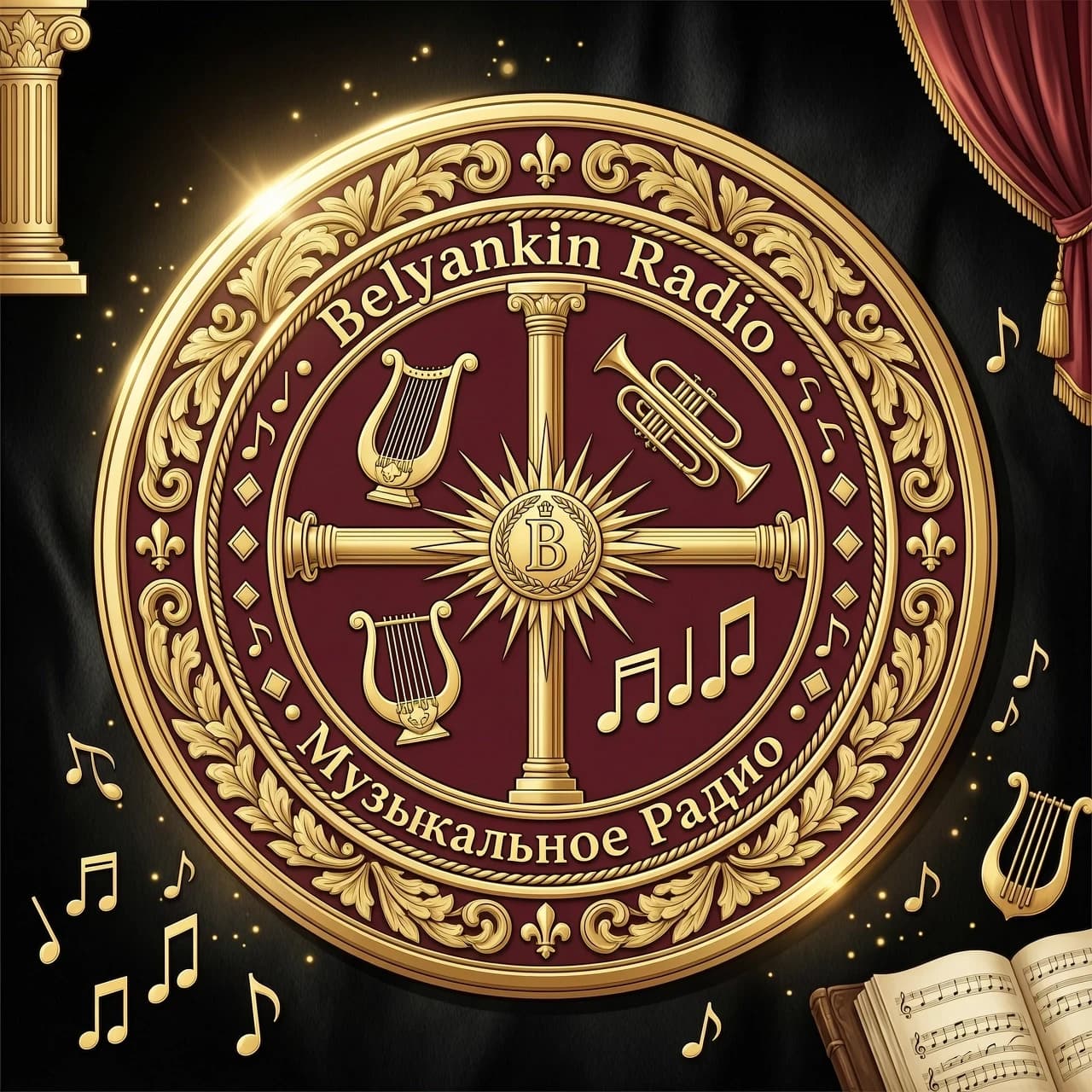 логотип Belyankin Radio. Belyankin Radio музыкальное радио. XVII век, Франция, стиль барокко, геральдика, роспись, глянец, лак, золото, боковой солнечный свет, блики, блеск, общий план, высокое разрешение, высокая детализация, 4k