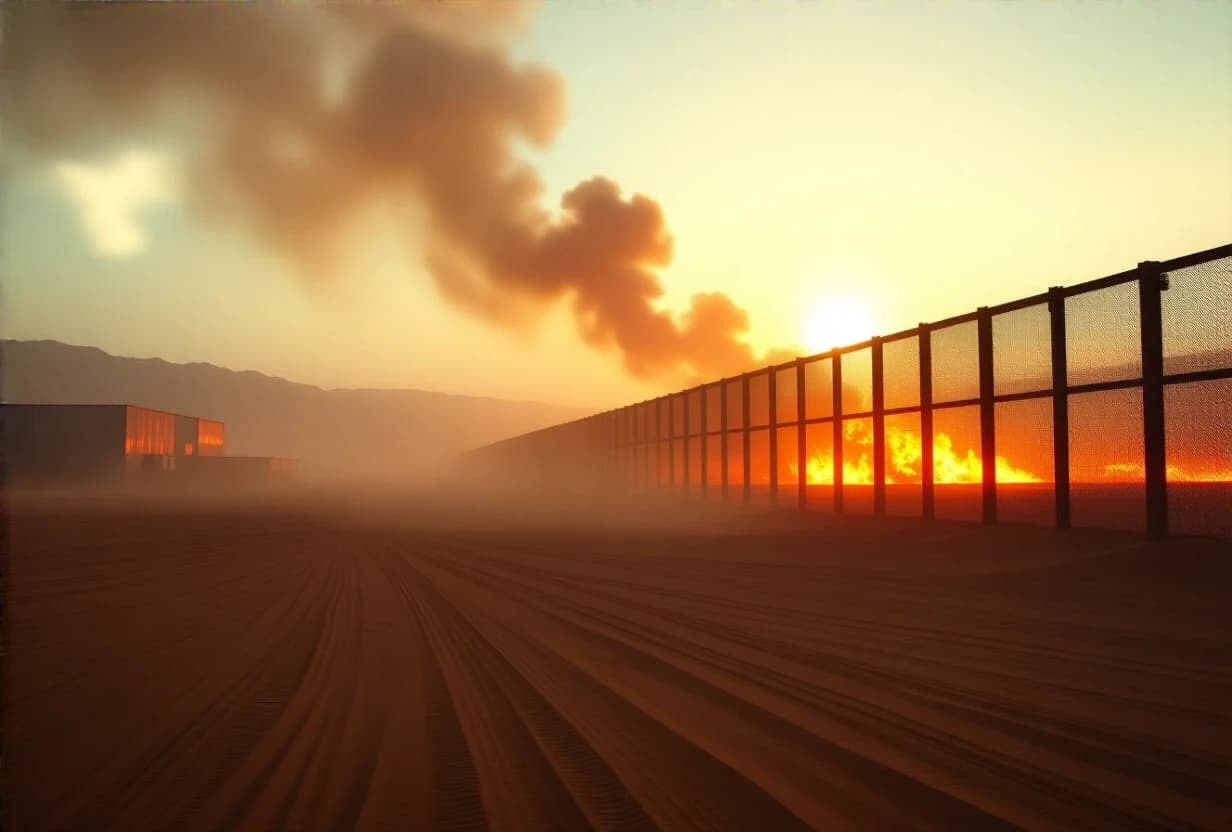 A vast, empty desert plain stretching into the distance under a hazy, dusty sky. In the background, a tall metal grid fence glows against a bright fiery light source behind it, as if lava is flowing just beyond the fence, casting a dramatic orange glow over the horizon. On the left edge of the image, almost lost in the darkness and dust, the vague silhouette of a huge industrial warehouse is barely visible. The scene feels hot, desolate, and slightly menacing. Photorealistic, dramatic lighting, wide cinematic angle.
