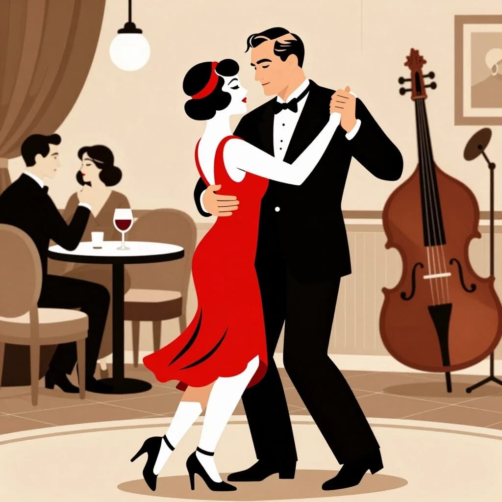 vintage jazz club illustration, 1920s style, couple dancing, red wine. woman in red dress, седой man in suit, sepia tones, detailed line art